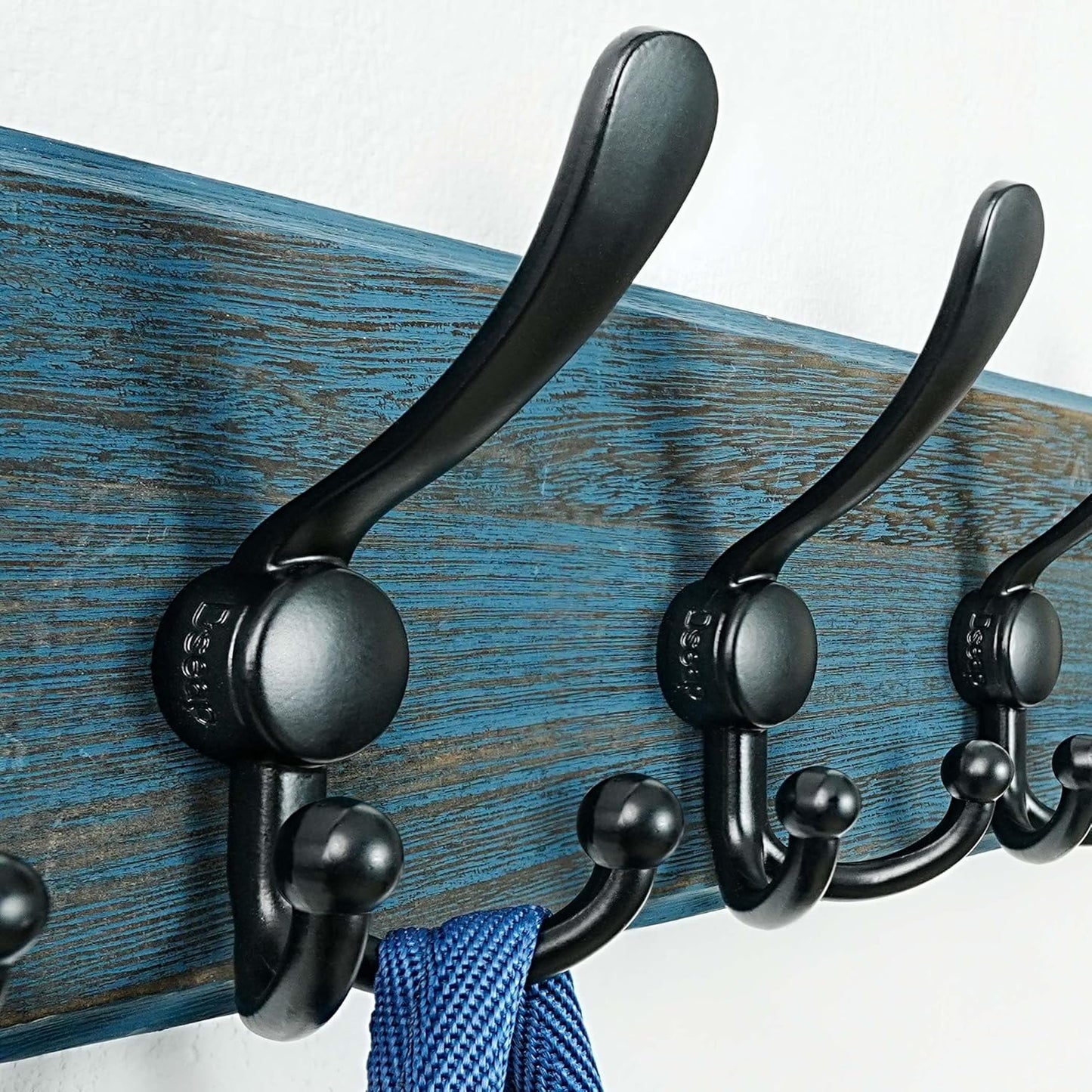 Dseap Coat Rack Wall Mount - Heavy-Duty Robust Barnwood-Style Wooden Wall Coat Hanger Hook Rail with 5 Triple Hooks for Winter Coats Hat Jacket Clothing, Weathered Blue & Black, Pack of 2