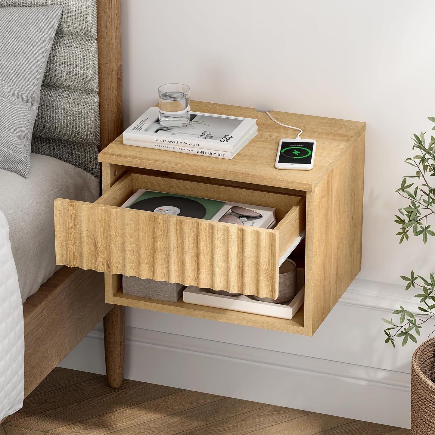 Floating Nightstand with Drawer and Open Shelf, Small Wall Mounted Bedside End Table, Modern Fluted Night Stand for Bedroom, Living Room, Natural Oak