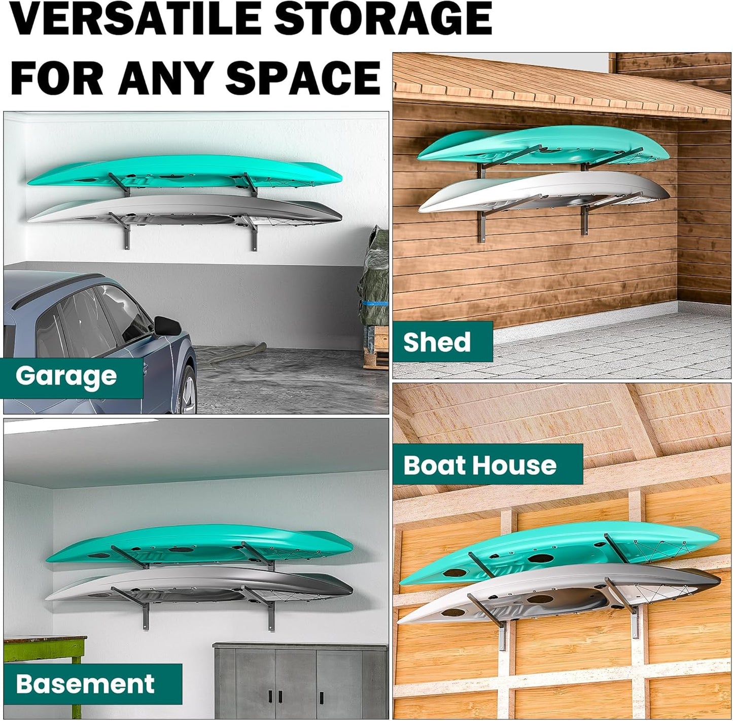 EVERHANGER Wall Mounted Kayak Storage Rack, Adjustable Kayak Holder, Heavy Duty Canoe Rack, Indoor & Outdoor Use