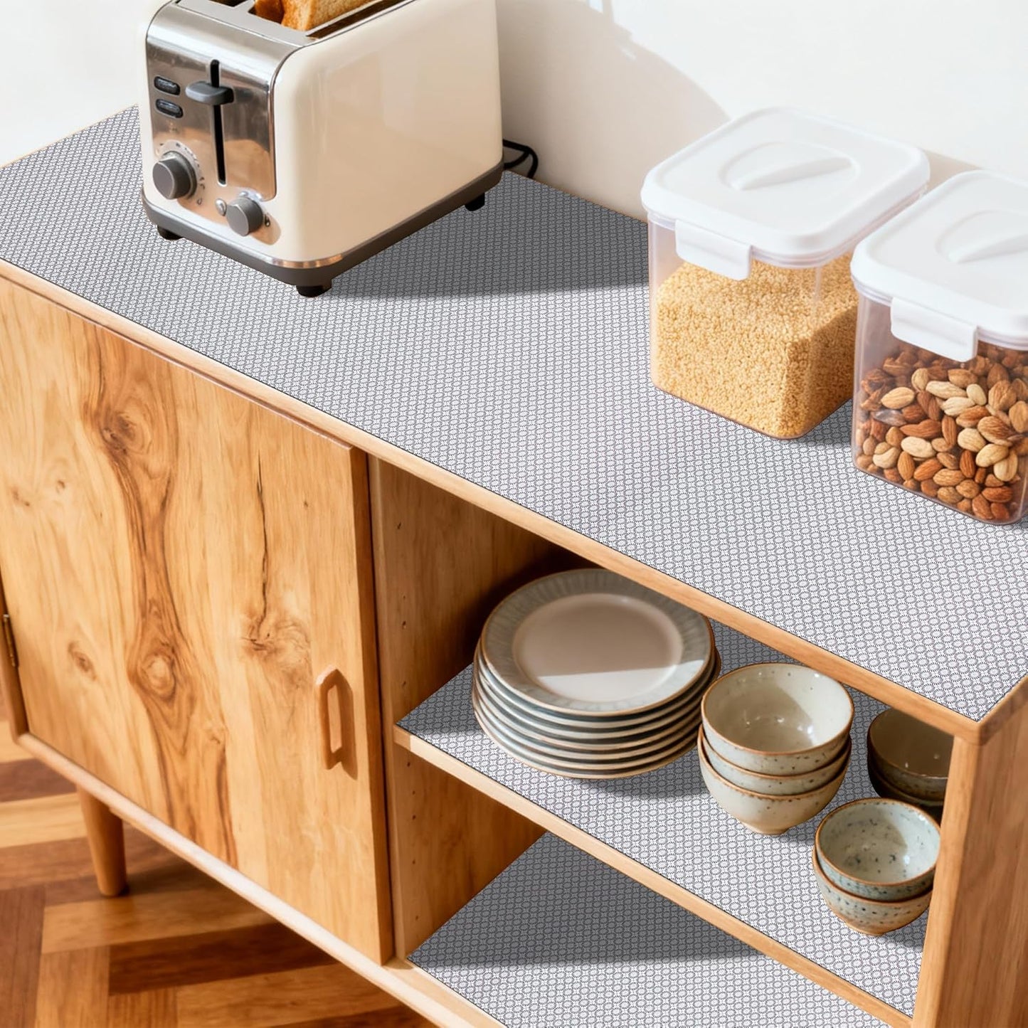 FIFTY FEET 18"x96" Non-Adhesive Shelf Liner for Kitchen Cabinets and Drawers, Washable Non-Slip PVC Cabinet Liner (Black Circle)(1 Roll)