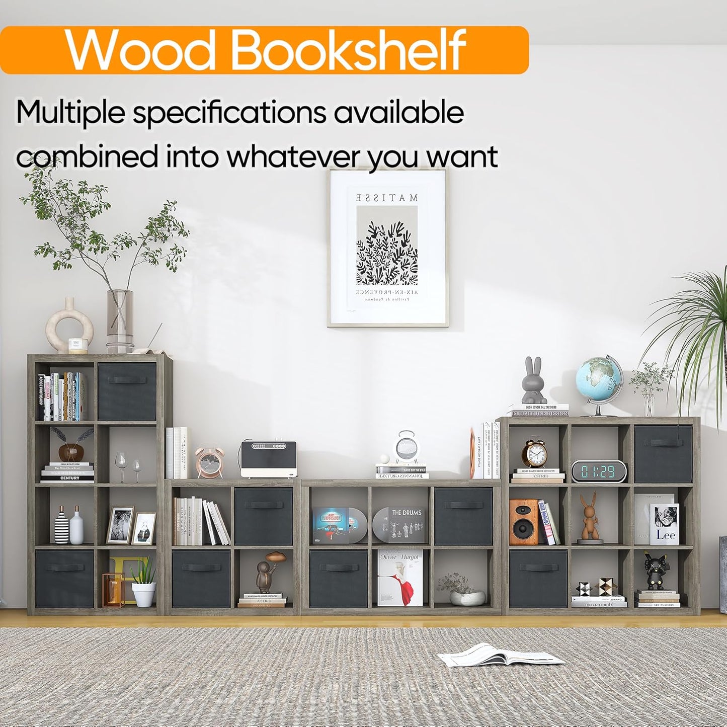 Bookshelf with Storage Bins, 8-Cube Storage Organizer, Modern Wood Open Bookcase, Multifunctional Display Shelf for Living Room, Bedroom, Home Office, Gray Oak