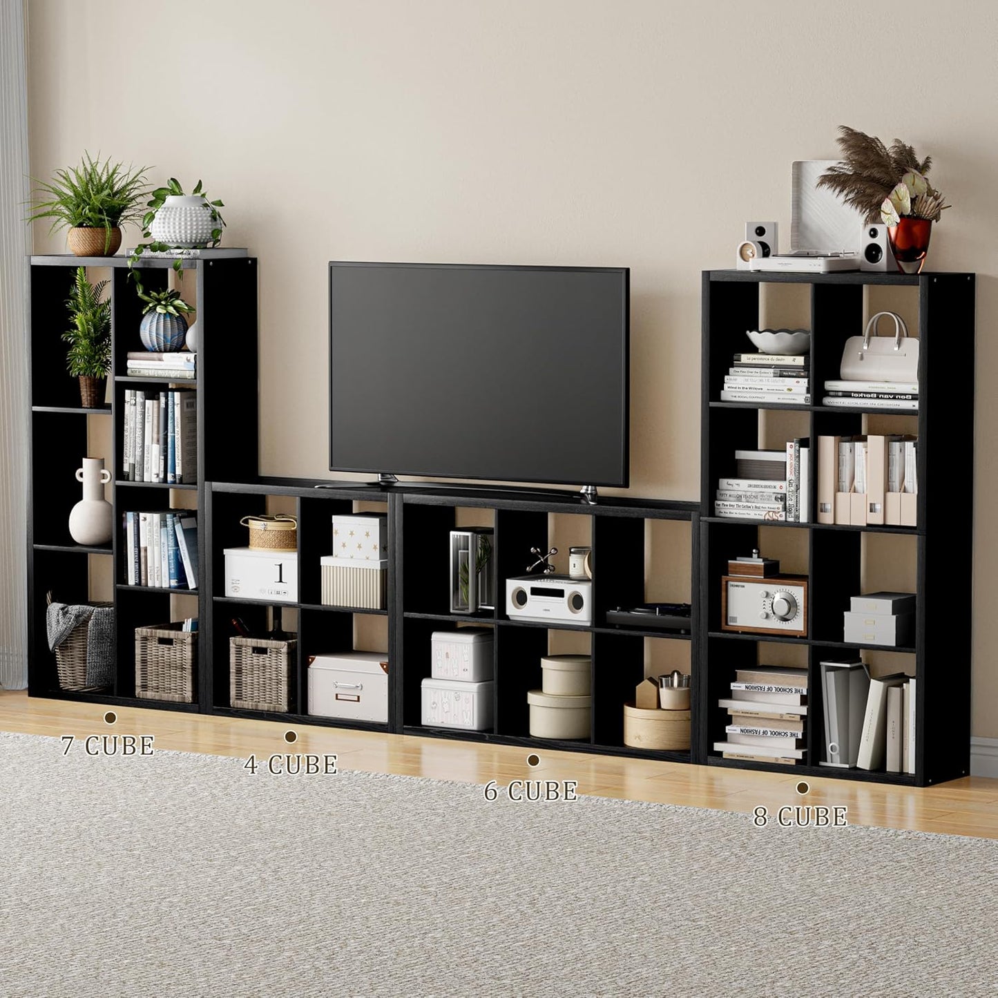 Cube Storage Organizer Bookcase, Decorative 11 inch Open Back Cubical Shelf with Thickened Border, Display Bookshelf for Living Room, Home Office, Sturdy Room (Black, 7 Cube)