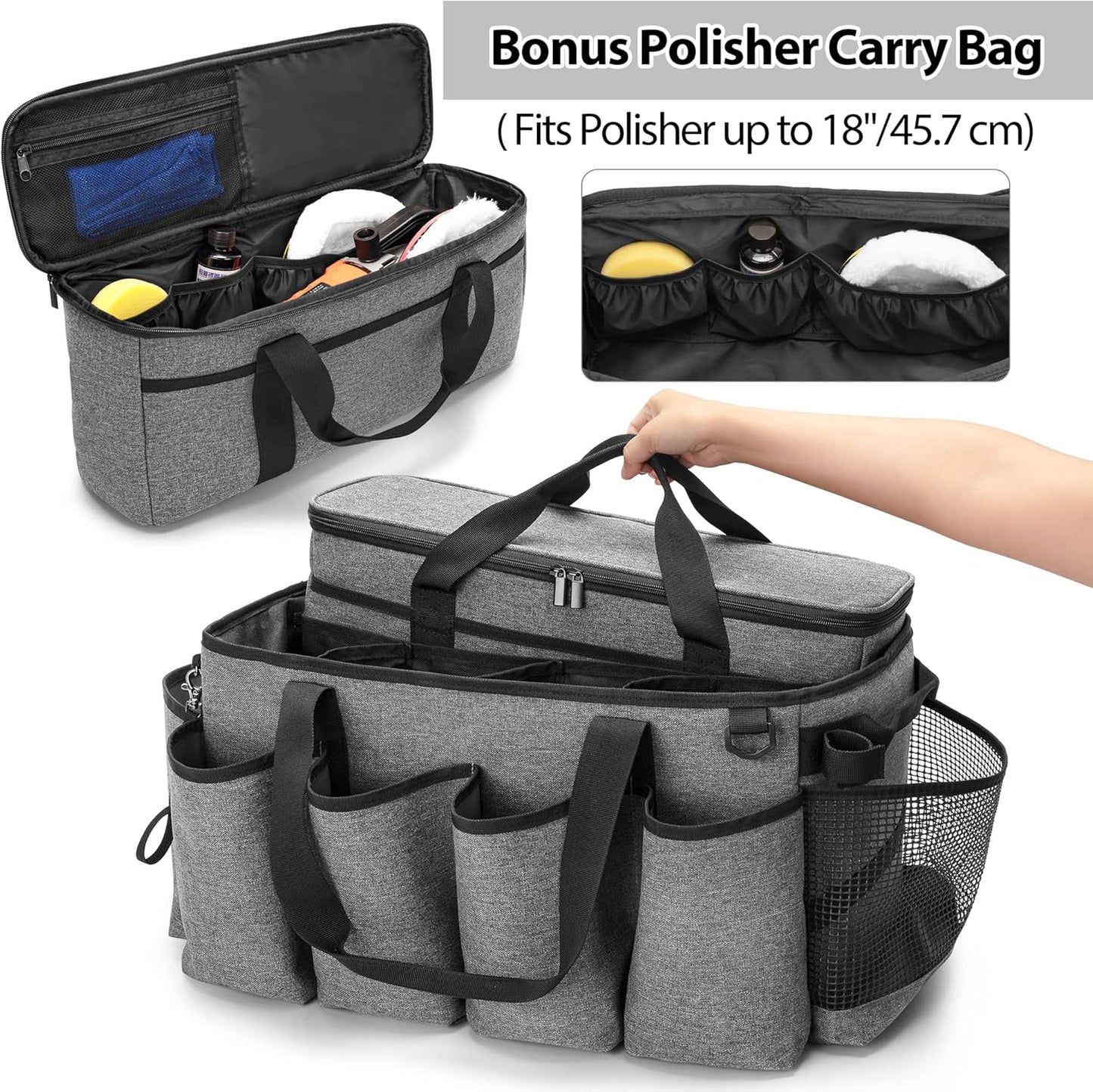 Detailing Bag with Polisher Carry Bag, Large Detail Car Care Box for Auto Detailing Supplies, Car Wash Caddy & Trunk Organizer for Buffer Bottle Towel & Cleaning Kit, Gray, Patent Design