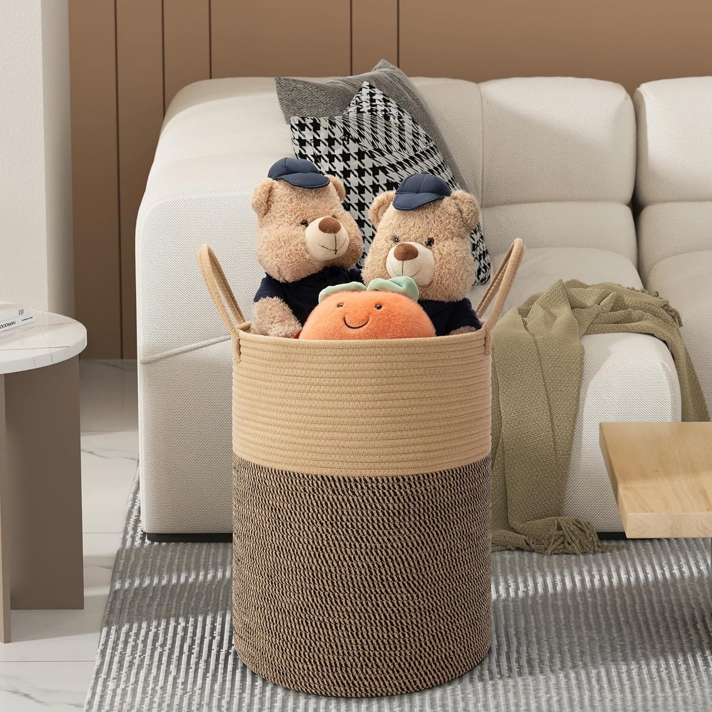 58L Cotton Rope Laundry Basket (20"x15"),Woven Basket for Storage Dirty Clothes Basket for Laundry, Living Room, Nursery, Bedroom Rope Storage Basket for Blankets（Brown/Stitches）