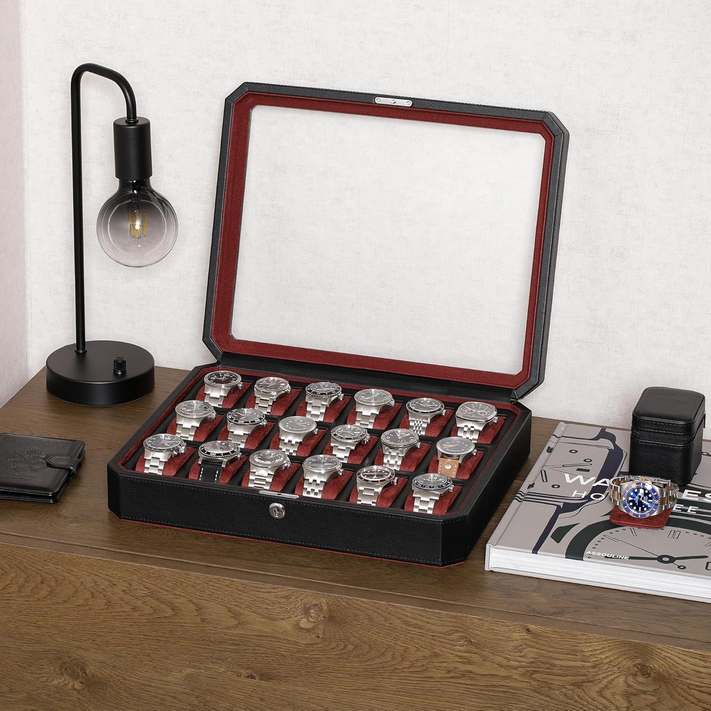 ROTHWELL 18-Slot Watch Case – Luxury Watch Box for Men, Real Glass Top, Lockable, Elegant Display for Collections (Black/Red)