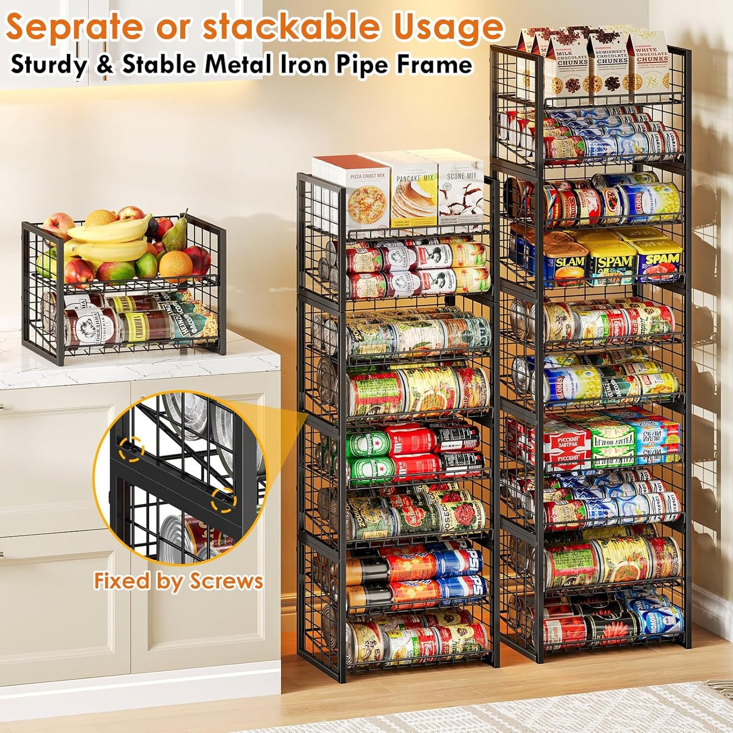 X-cosrack 2 Packs Stackable Can Rack Organizer for Pantry, 2-Tier Adjustable Pantry Can Storage Organizer for Canned Food Can Goods, Kitchen Can Dispenser Holder for Soda Drinks Snack, Black