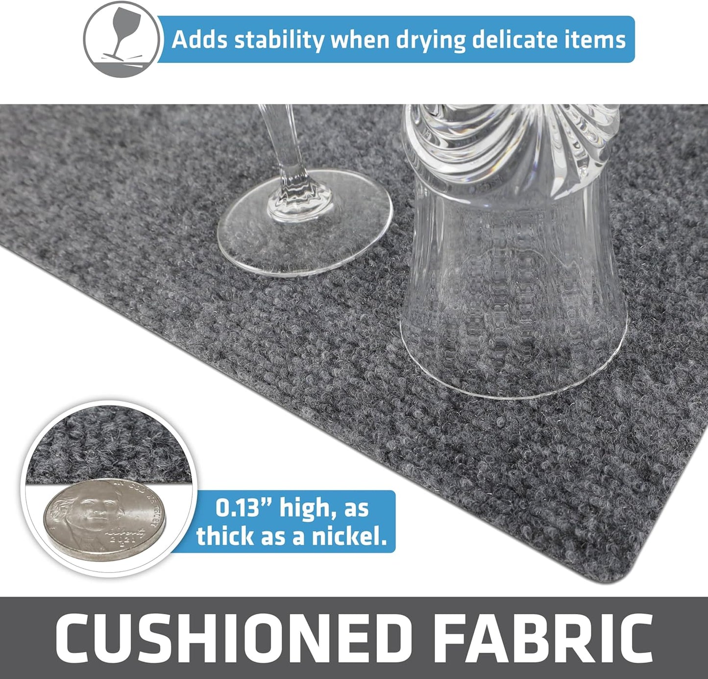 Drymate Premium Luxury Shelf & Drawer Liner, Thick Cushioned Fabric, Non-Adhesive, Absorbent, Waterproof, Slip-Resistant, Liners for Kitchen Cabinets (USA Made)(11”x36”)(2-Pack)(Light Grey Ridged)