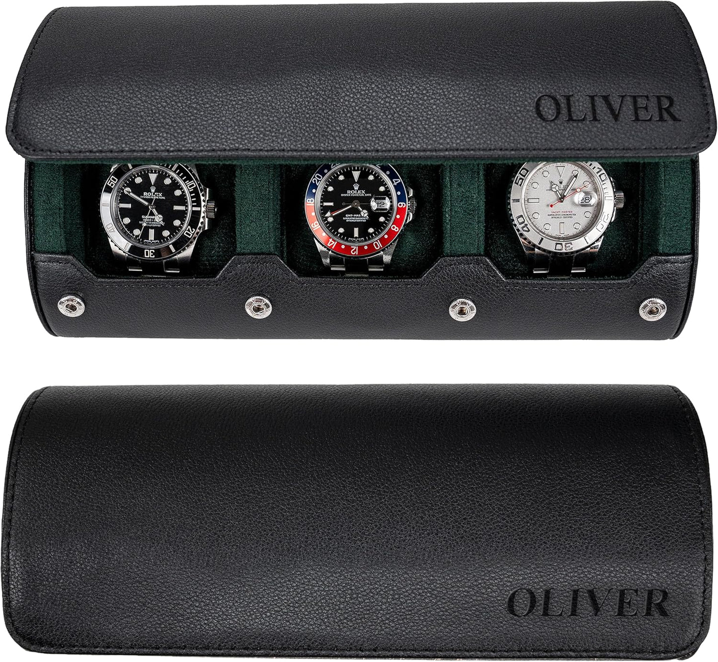 DailyWatch | Personalized Watch Roll Travel Case For 3 Watches - Handmade Genuine Leather Travel Case With Custom Engraving of Name or Initials - Black Green