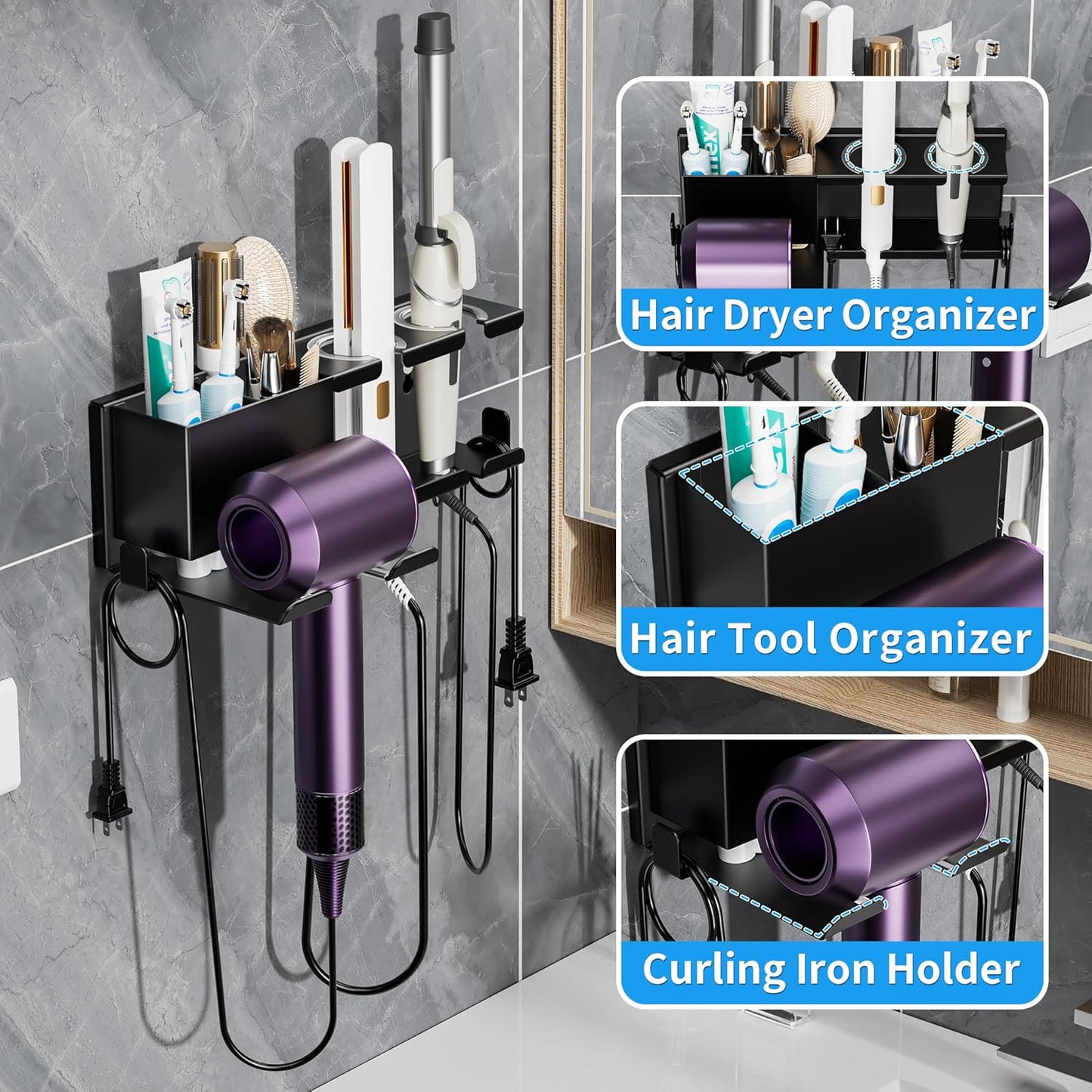 Hair Dryer Holder Wall Mounted, Metal Hair Tools Organizer, Hair Dryer Holder for Blow Dryer, Curling Iron, Straightener, Bathroom Hair Accessories Tools Organizer, Black