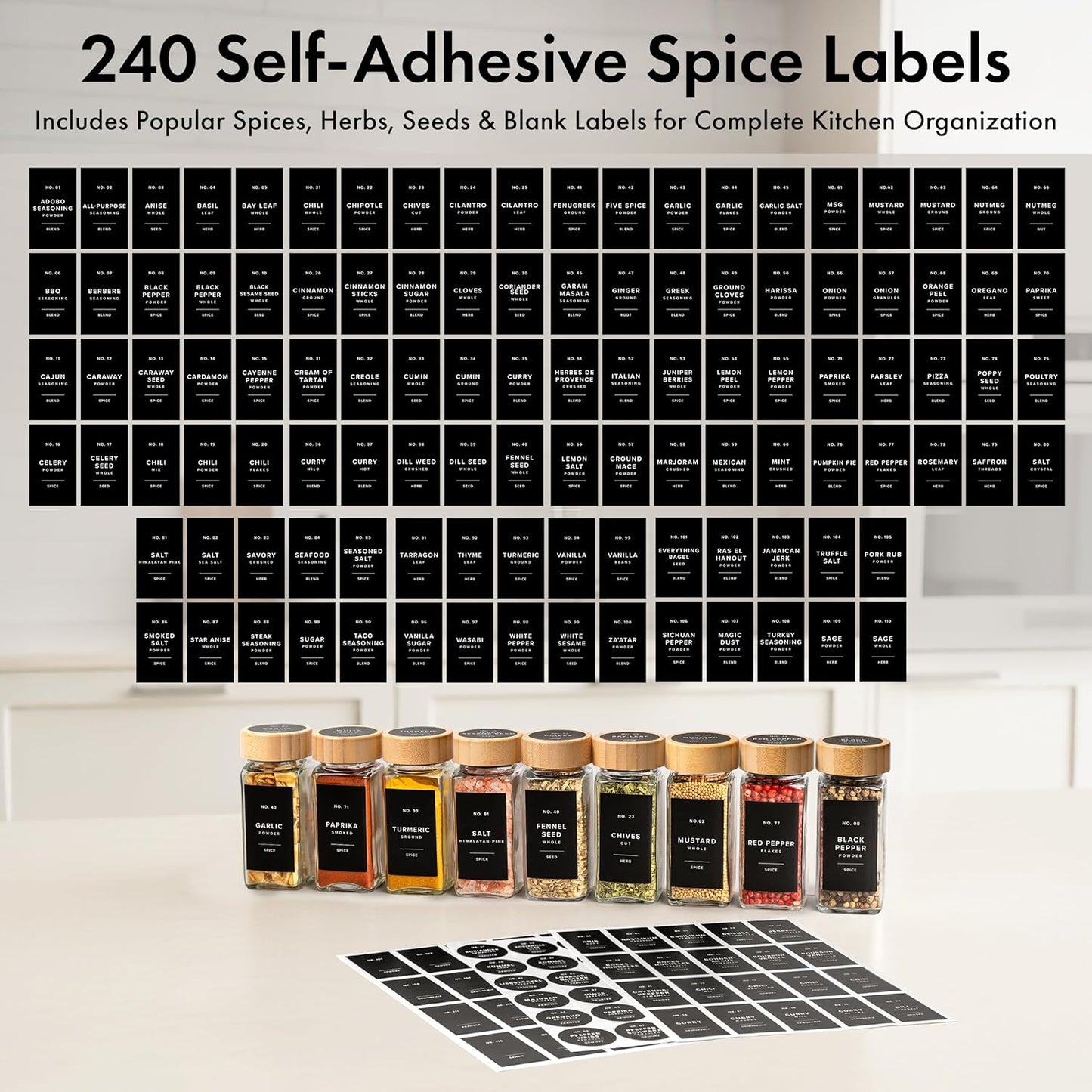EDELHAUS® Square Spice Jars with Bamboo Wooden Lid (Pack of 24) Spice Jars with Shaker Insert and 240 Labels - Bamboo Lid Glass Container for Spice Organisation [4.3 in × 1.8 in]