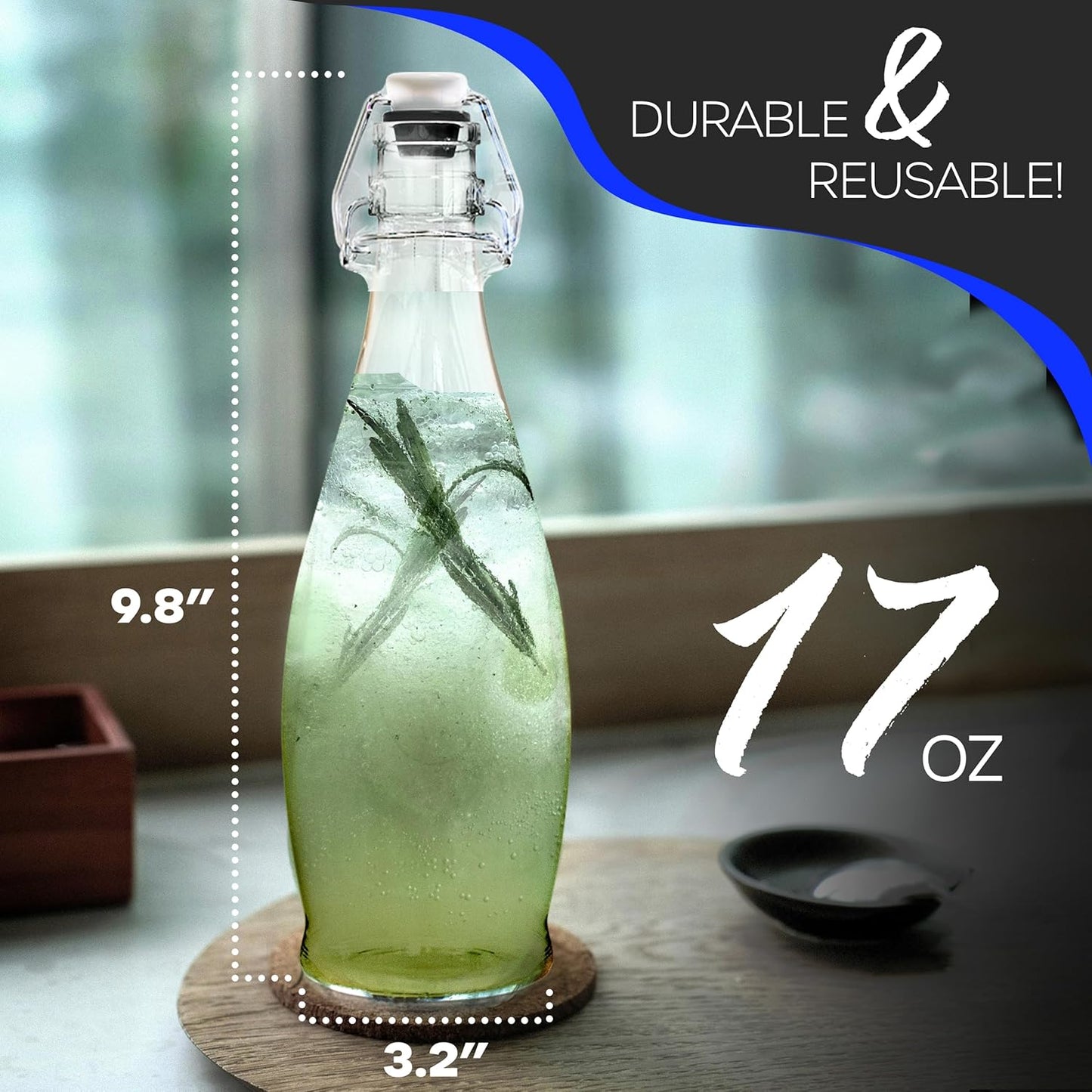 Nevlers 17 Oz Teardrop Swing Top Glass Bottles with Airtight Lid 6 Pack | Flip Top Glass Bottle with Stopper, Funnel, Brush, Shrink Wrap, Marker & Tags | Clear Beer Bottles | Fermentation Bottle Kit