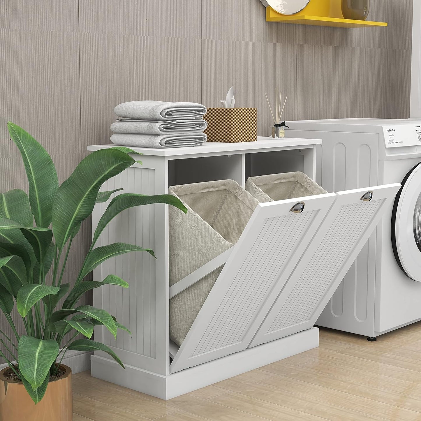 Tilt Out Laundry Hamper with Removable Basket, Hidden Laundry Hamper, Wood Bathroom Storage, Free Standing Home Organizer, White, LOC005