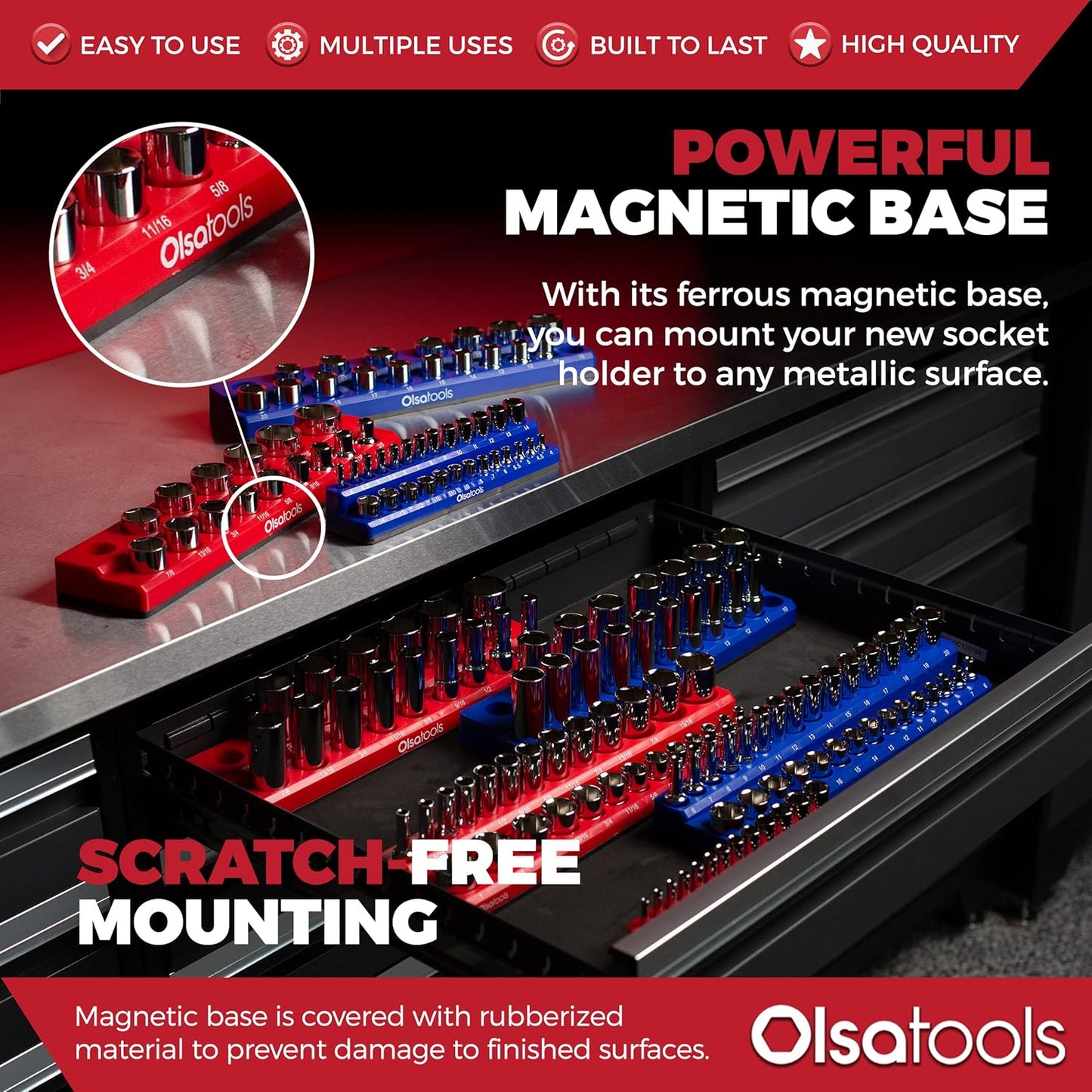 Olsa Tools Magnetic Socket Organizers | 3 Piece Set Socket Holder Kit | 1/2-Inch, 3/8-Inch, & 1/4-Inch Drive | SAE Red | Holds 68 Sockets | Professional Quality Tools Organizer Part 1150