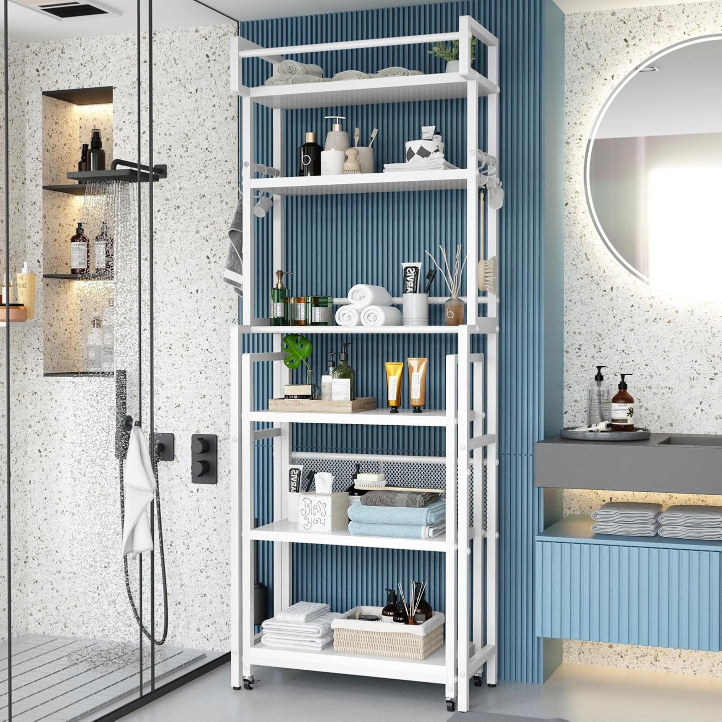 Recaceik 6-Tier Over The Toilet Storage Shelf with Cart, Freestanding Above Toilet Shelf Rack, Farmhouse Bathroom Organizer Shelves, Space Saver (White)