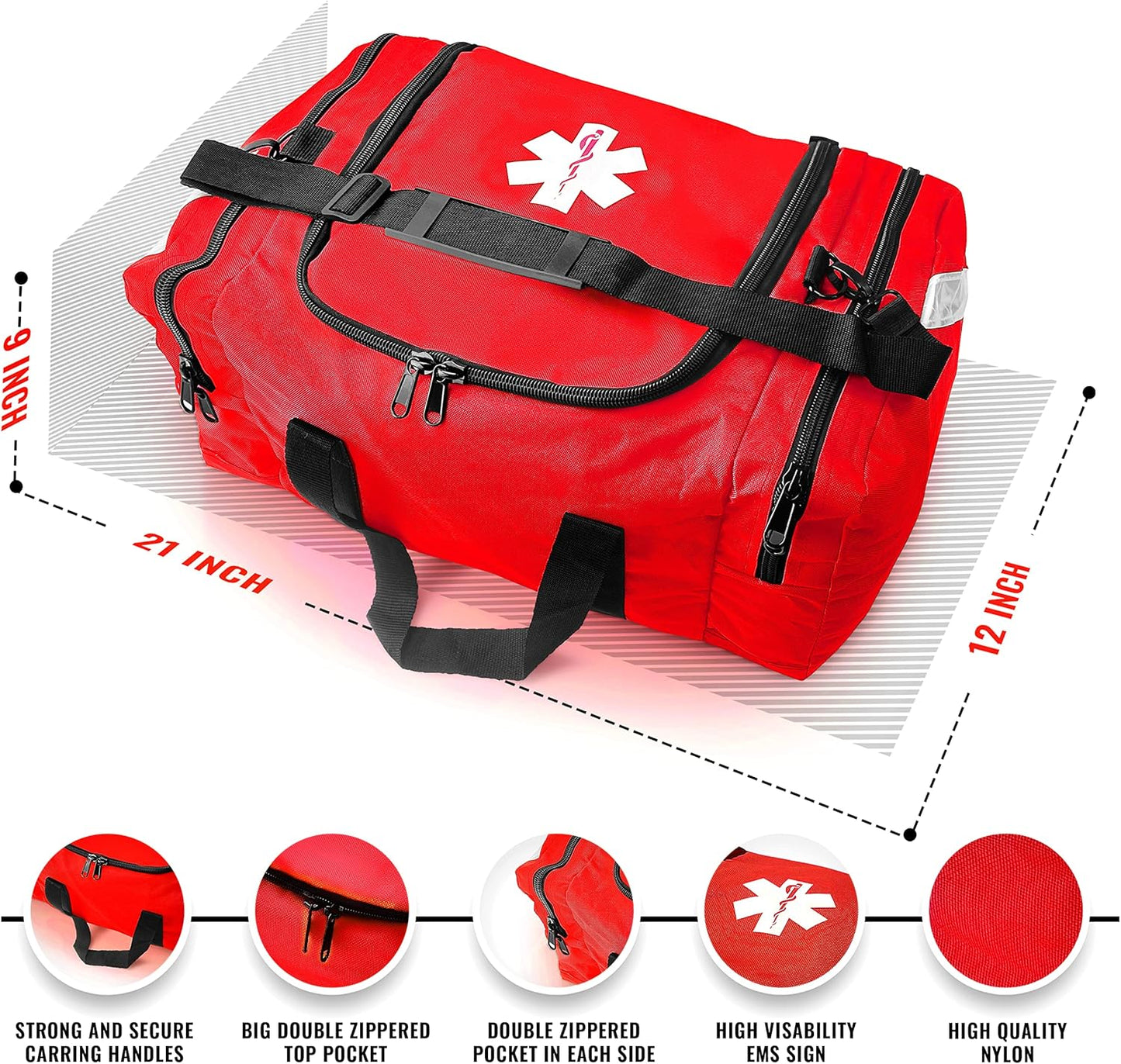 ASA TECHMED Large EMT First Responder Trauma Medical Bag Empty for Home 21x12x9 Inches, Office, School, EMTs, Paramedics, First Responders, Red