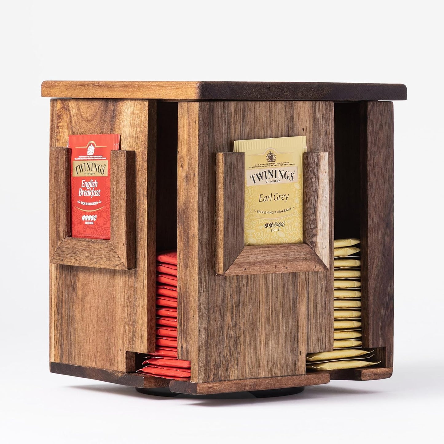 Rotating Tea Bag Organizer – Acacia Wood 4-Sided Storage Box for Home or Office