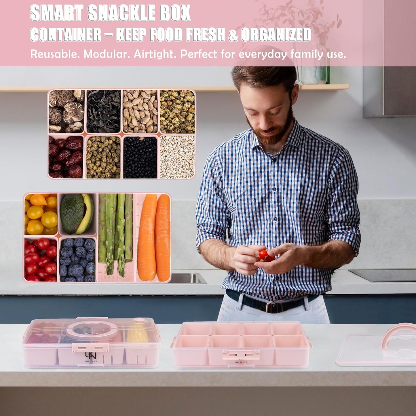 Stackable Snackle Box Container with 2 Lids, 14 Compartments - BPA-Free Snackle box Organizer, Dishwasher & Microwave Safe Reusable Snacklebox for Veggies, Fruits, Charcuterie, Snacks (Pink, 2 Pack)