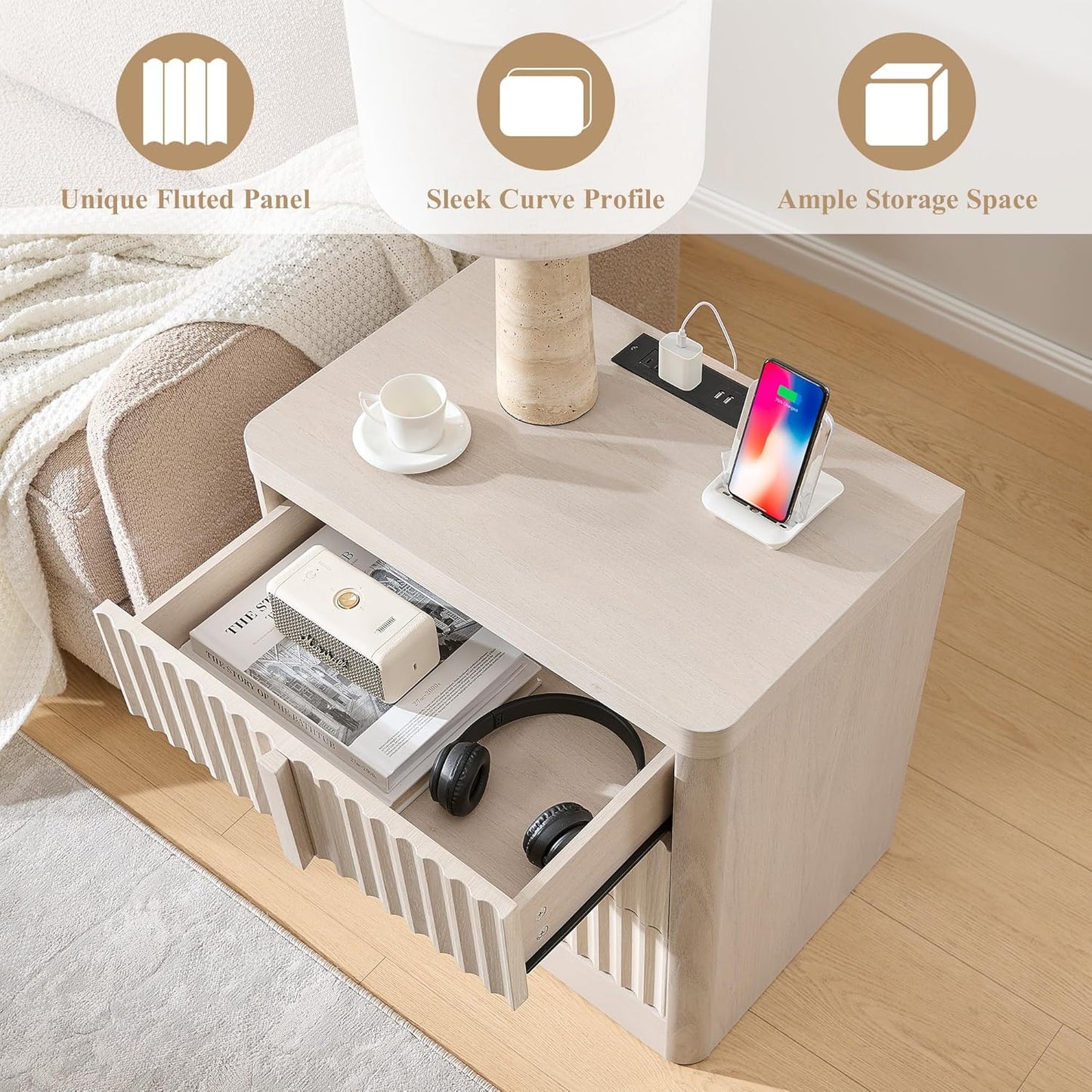 23.6" Nightstand Set of 2 with Charging Station, Side Table with 3 Large Storage Drawers, Mid Century Modern Night Stand with Solid Wood Handle, Bedside End Table for Bedroom, Living Room