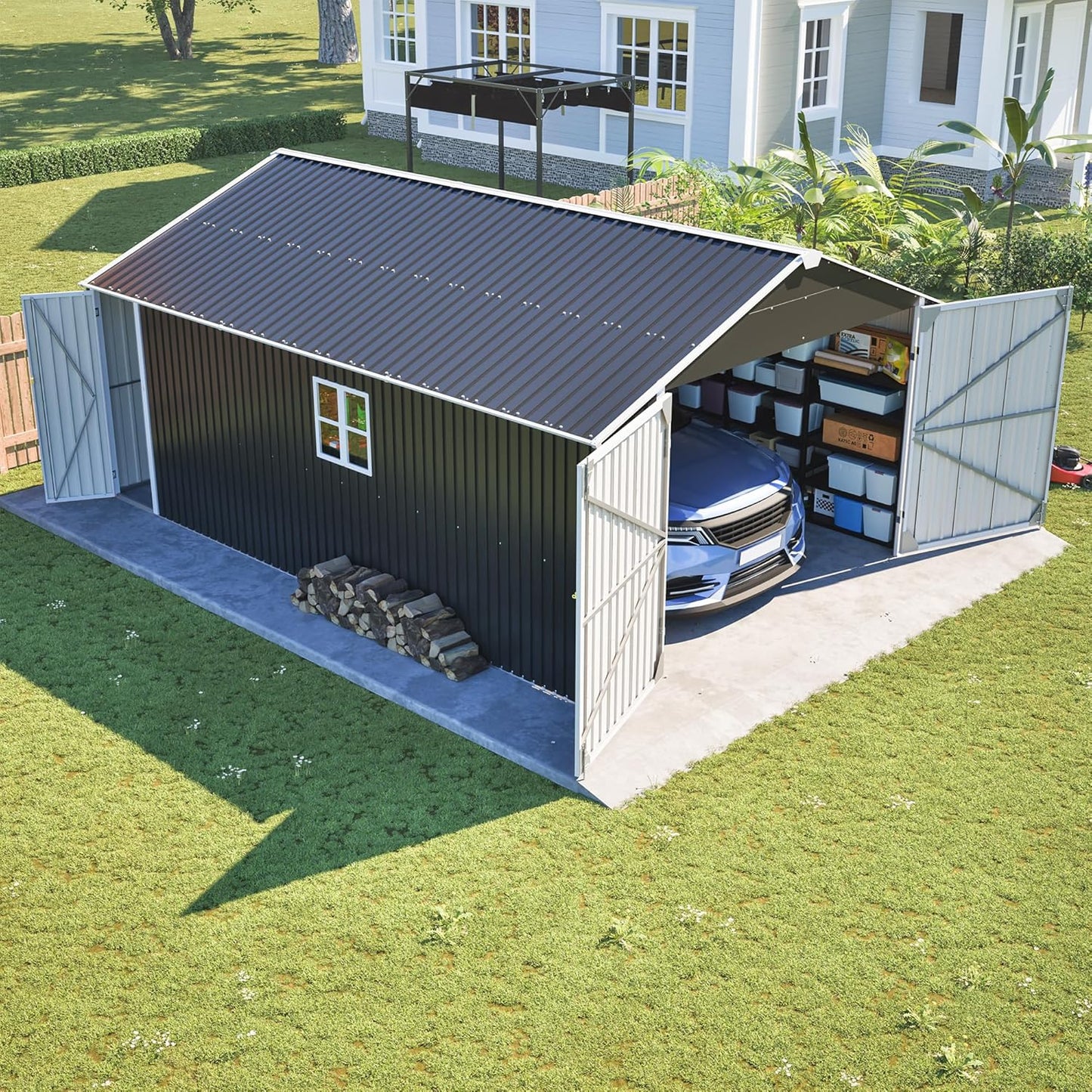 12x20 FT Heavy Duty Metal Garage Shed, Extra Large Outdoor Storage Building with Double Doors, Side Door & Window, Waterproof All-Weather Steel Carport for Vehicle & Equipment Storage