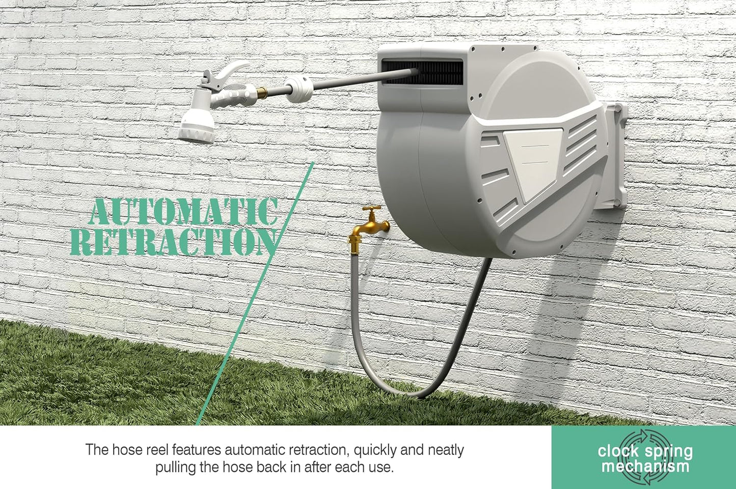 Blütezeit Retractable Garden Hose Reel 5/8'' x 100 ft, Heavy Duty Hose Reel Wall Mount with 3/4''GHT Brass Fitting, Automatic Slow Rewind, Any Length Lock, 180° Swivel, 9 Function Hose Nozzle