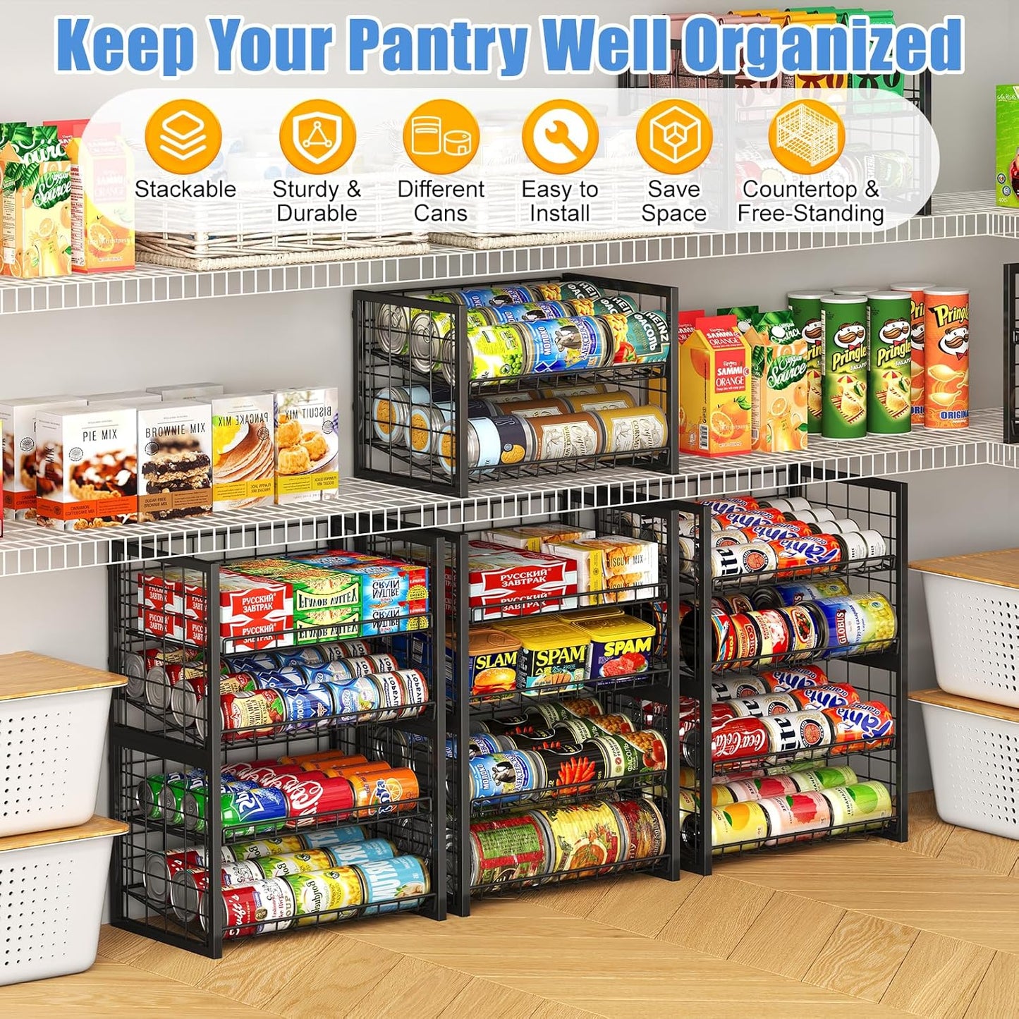 X-cosrack 2-Tier Stackable Can Organizer for Pantry, 3 Packs Adjustable Pantry Organizer Storage for Canned Food Goods Soda, Sturdy Canning Rack Can Dispener Storage Holder for Pantry Kitchen, Black