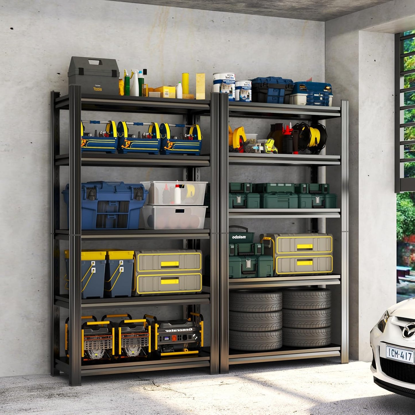 Storage Shelves, Garage Metal Shelving Unit, Adjustable, Double-Layer Column with Reinforced Ribs, Heavy-Duty, Capable of Bearing 600-3600 lbs (Black, 77 * 45 * 18, 5-Tier)