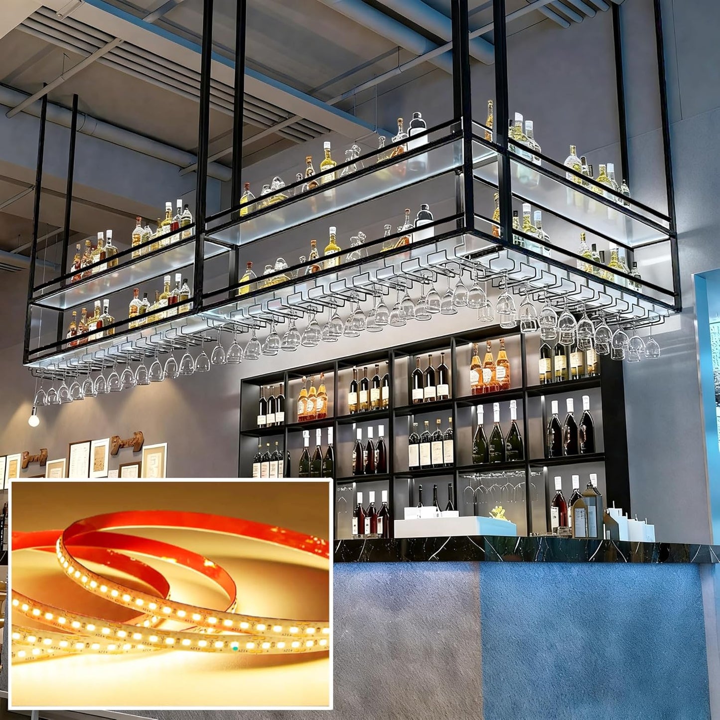 59IN Acrylic Ceiling Wine Glass Rack with Transparent Shelves, Hanging Wine Rack with Glass Holder and LED Lights, 2 Layer Ceiling Bottle Holder Shelf for Bar Kitchen Decorate (59in/150cm)