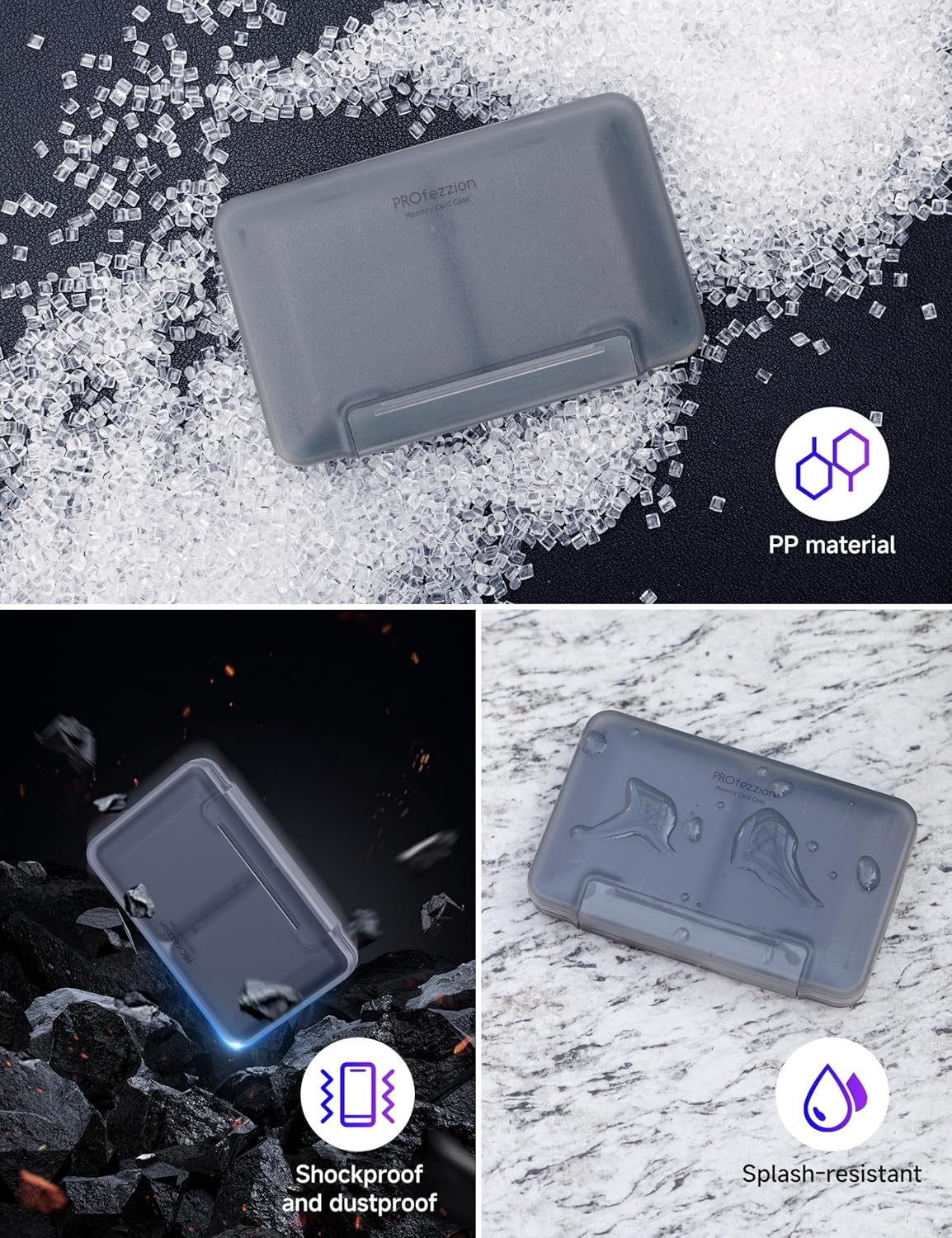 PROfezzion 24 Slots Water-Resistant & Anti-Shock Memory Card Case for 16 Micro SD Card & 8 SD/SDXC/SDHC Card with Rubber Interior Grey