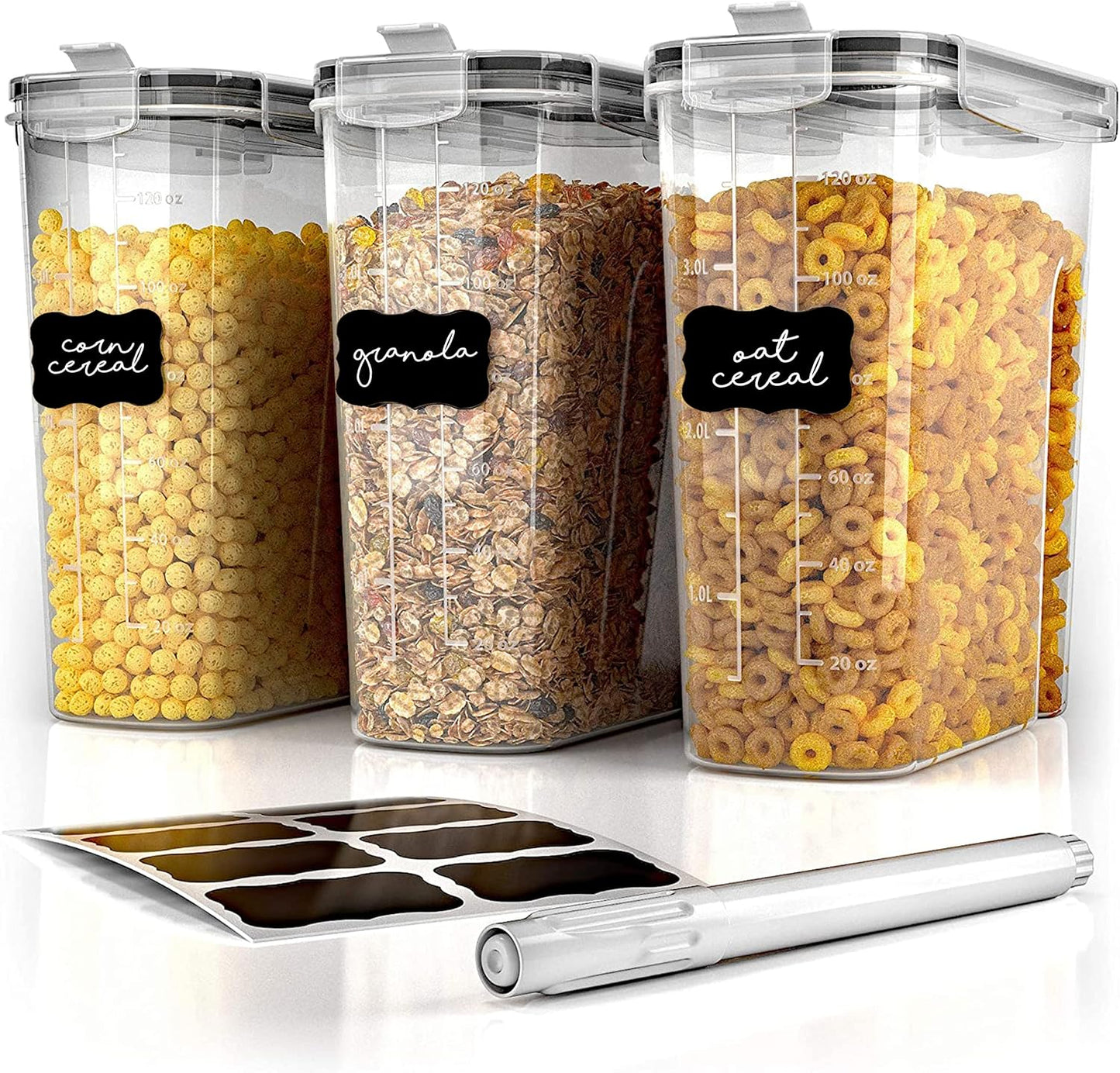 Simply Gourmet Airtight Cereal Containers with Lids – 3 Piece Tall Kitchen Pantry Organization Set, BPA-Free Clear Plastic, Pour Spout Lids for Breakfast Cereal, Rice, Flour, Sugar, Snacks