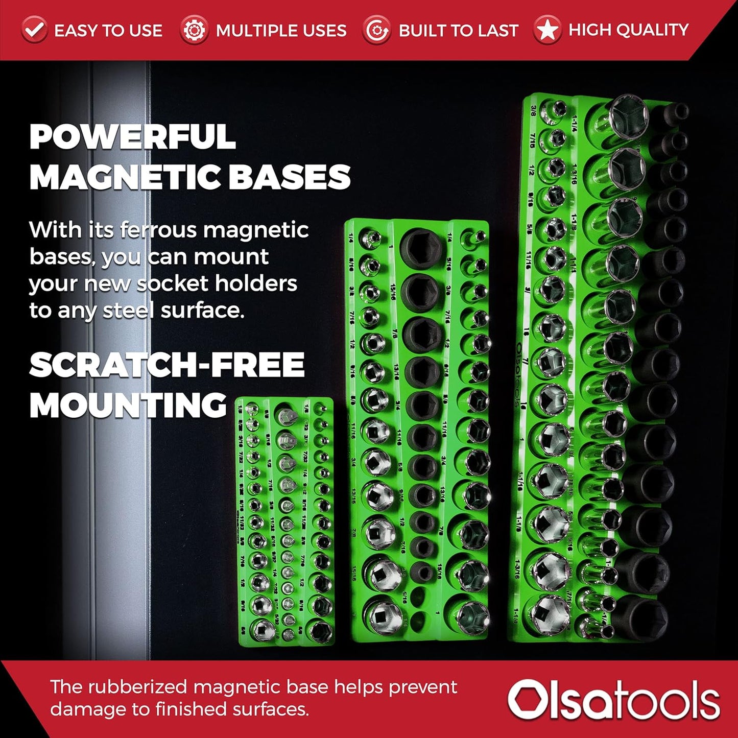 Olsa Tools Magnetic Socket Organizer | 6pc Socket Holder Kit | 1/2-Inch, 3/8-Inch, & 1/4-Inch Drive | Socket Organizers For Toolboxes | Green | Holds 273 | Professional-Grade Tool Organizer |Part 1668