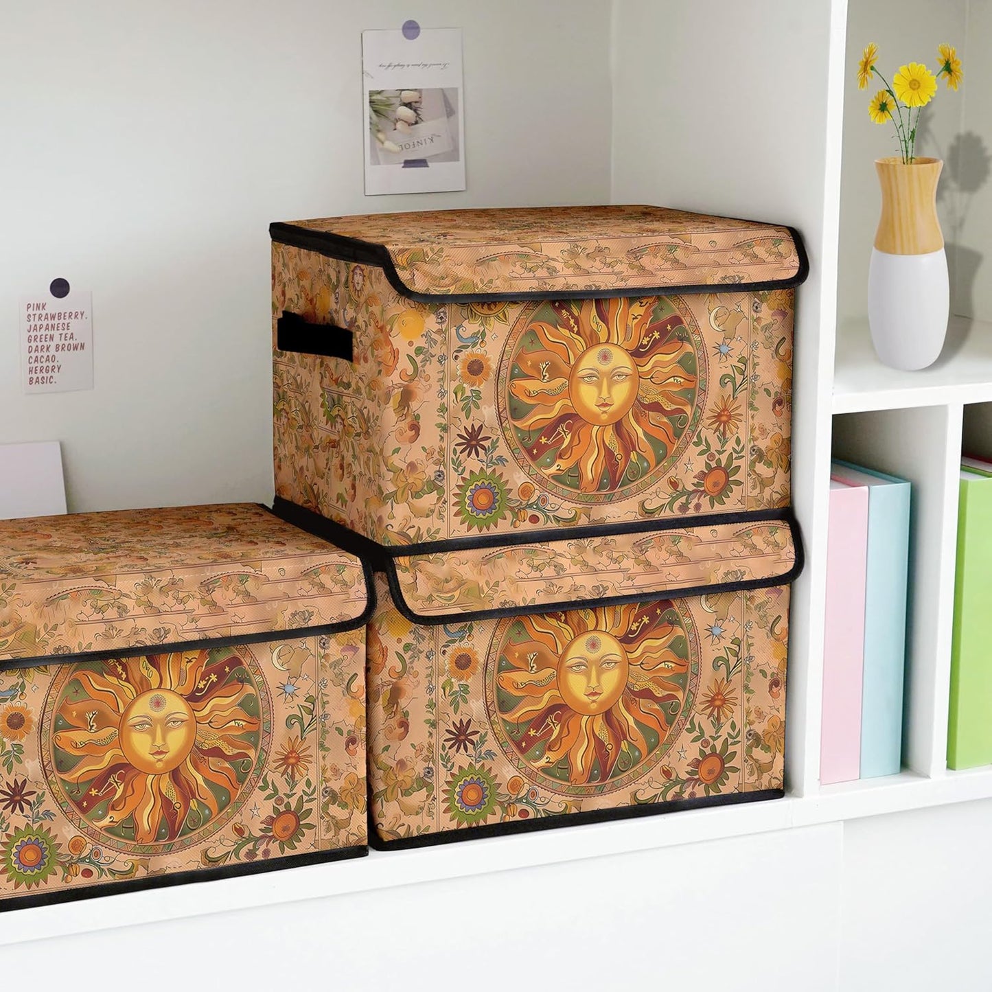 Stackable Clothes Storage Bins with Lids,Closet Organizers Fabric Box for Home and Office,Blanket Clothes Organizers,Under Bed Storage Containers 3 Pack(Sun).