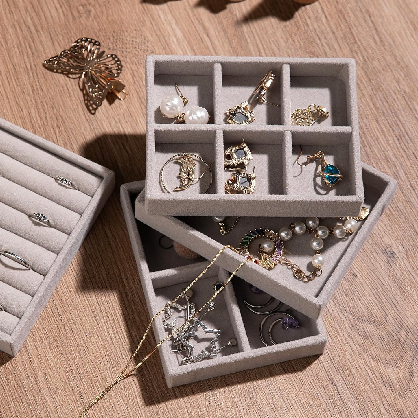Frebeauty Small Jewelry Tray Set, Stackable Velvet Jewelry Organizer, Drawer Inserts, 4.92 x 3.74 x 0.9 Inches, Earring Organizer for Women (Set of 9, Grey)