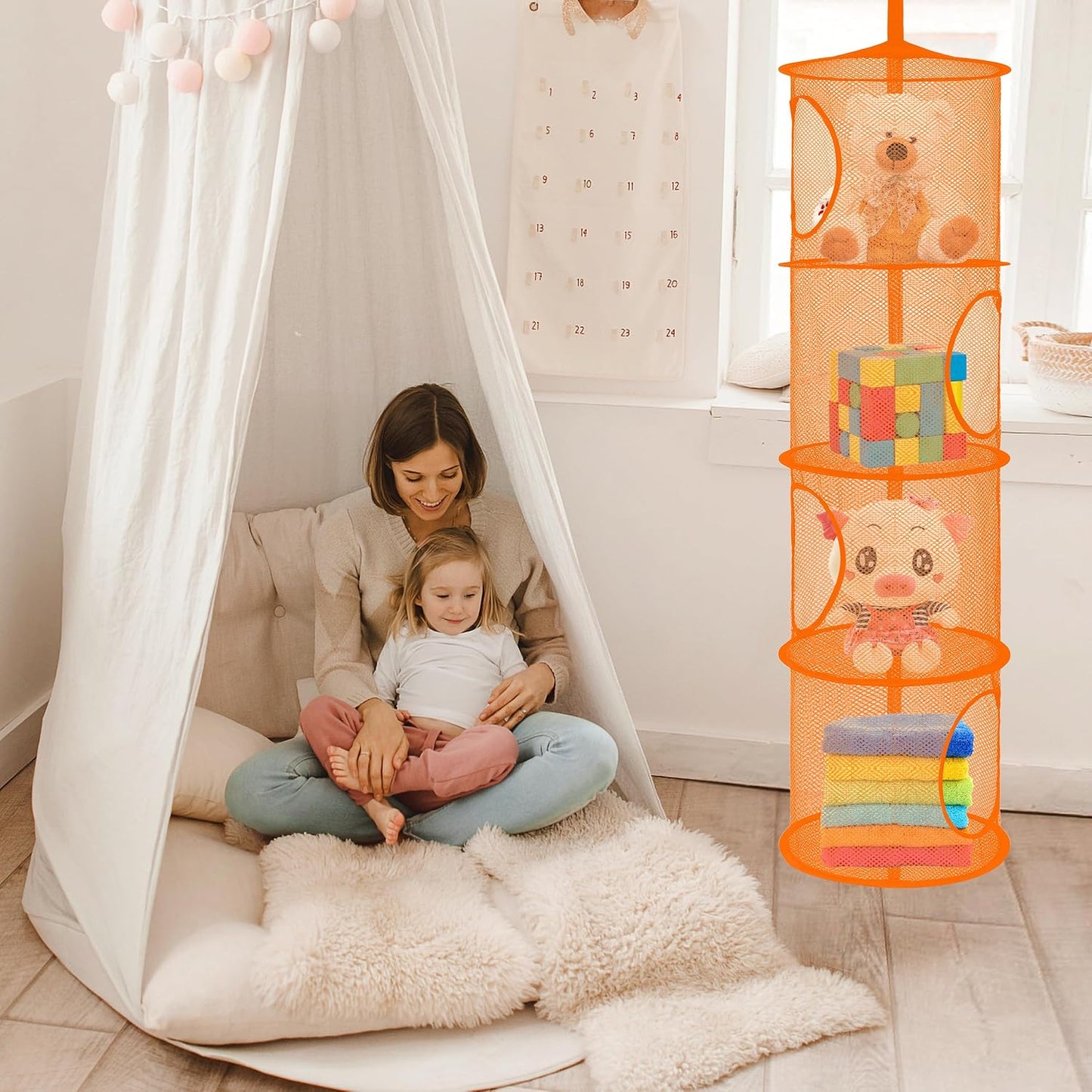 Libeder Mesh Hanging Storage Space Saver Bags Organizer,Foldable Storage Organizer 4 Compartments Toy Storage Basket for Kids Room Bathroom 2 Sets Orange