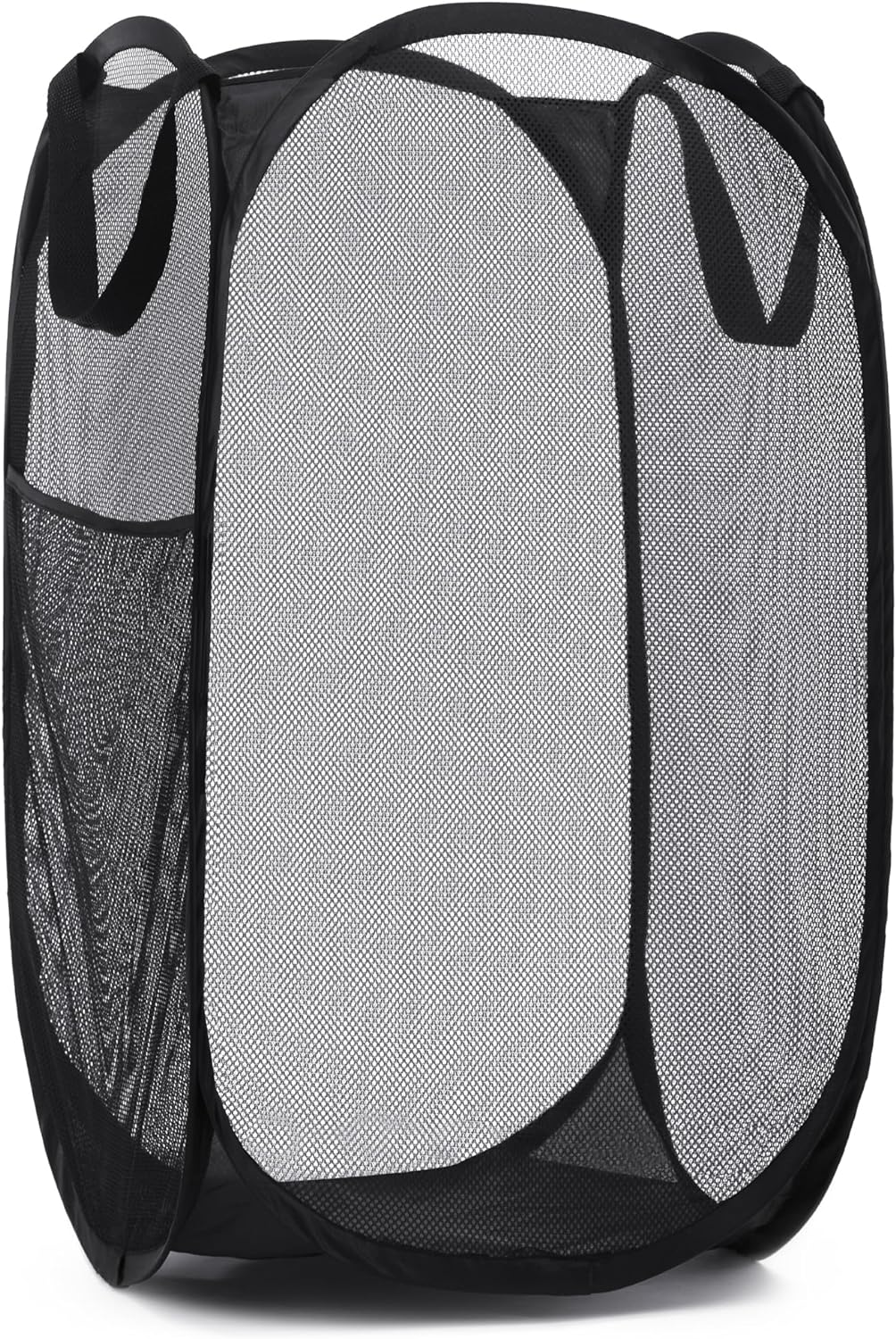 Handy Laundry Collapsible Mesh Pop Up Hamper with Wide Opening and Side Pocket - Breathable, Sturdy, Foldable, and Space-Saving Design for Clothes and Storage (Black)