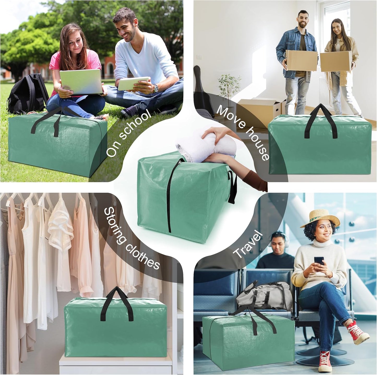 6 Pack Heavy Duty Extra Large Moving Bags W/Backpack Straps - Strong Handles & Zippers, Storage Totes For Space Saving, Fold Flat, Alternative to Box and Bin (40 gal, Teal)