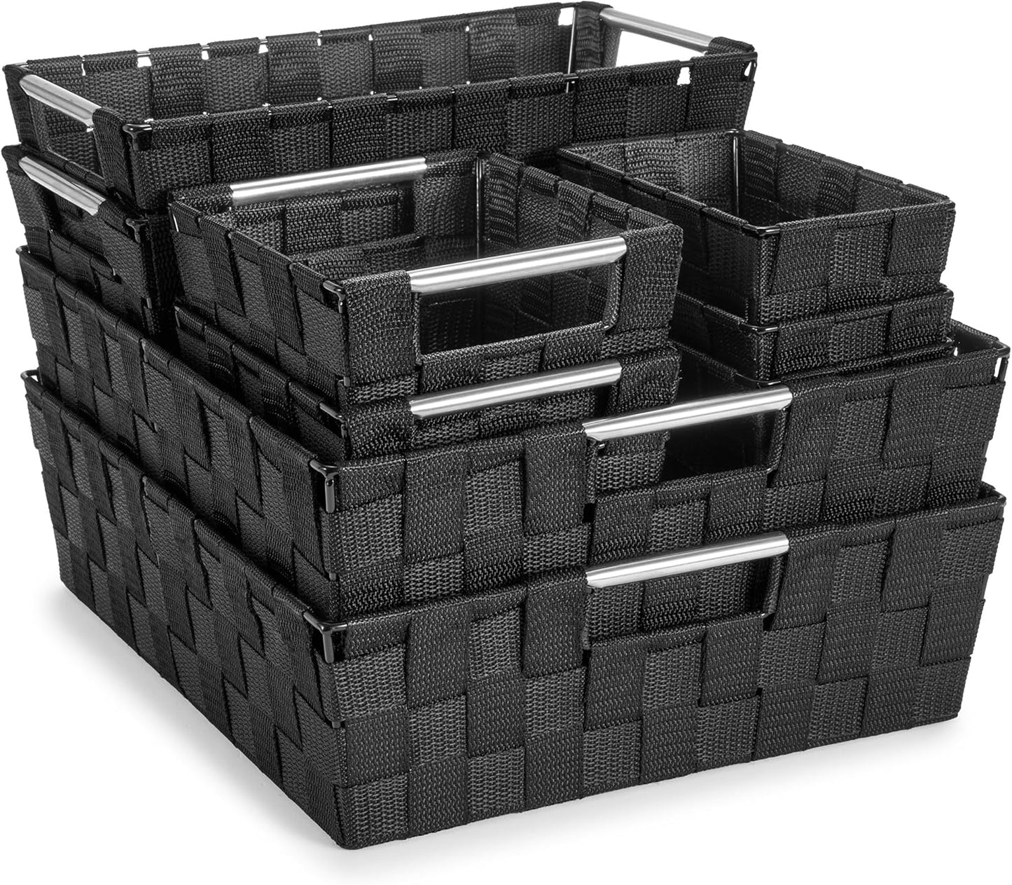 Sorbus Set of 9 Woven Storage Baskets – Mesh Hand-Woven Baskets for Organizing, Fabric Storage Bins for Linen Closet Organizer, Storage Baskets for Shelves, Home Organization and Decor (Black)