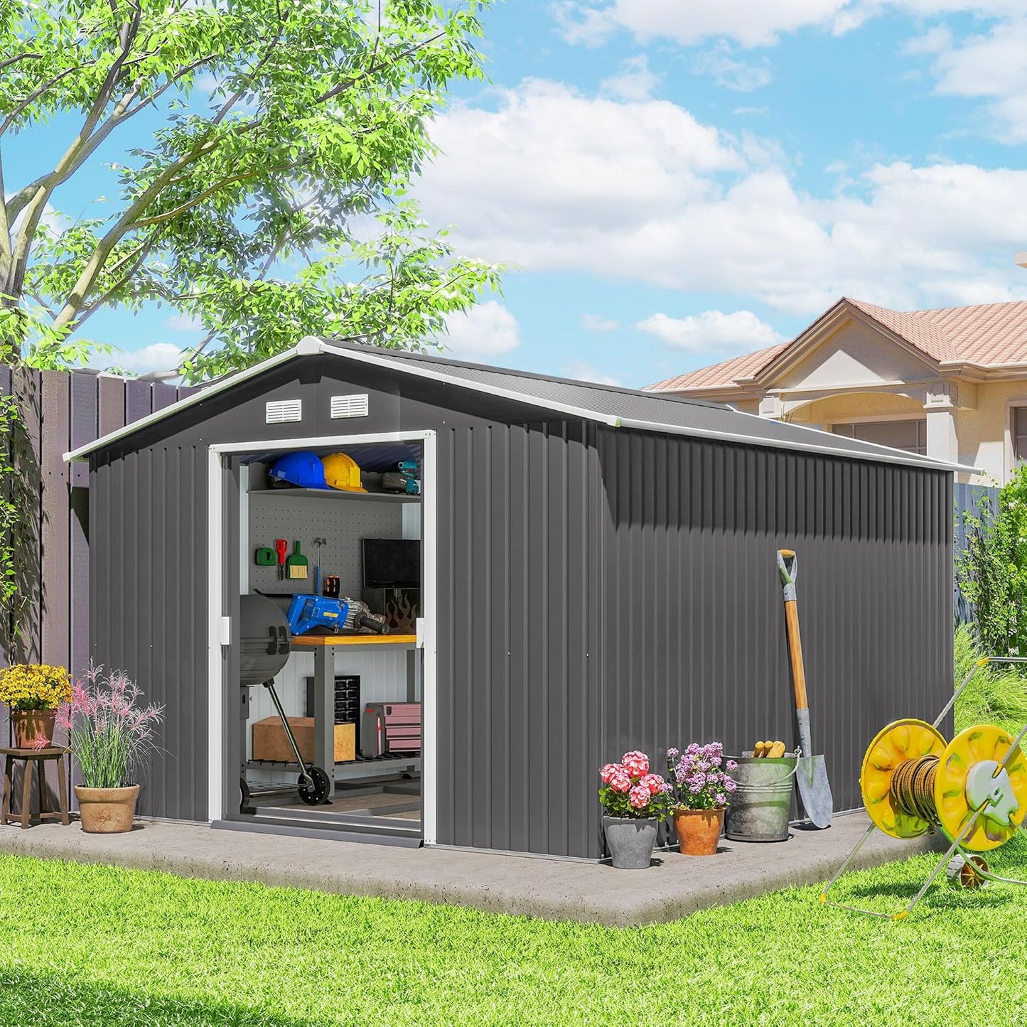Outsunny 11' x 9' Outdoor Storage Shed, Garden Tool Metal Shed with Foundation Kit, Double Lockable Door, Air Vents and Sloping Roof, for Backyard, Patio, Lawn, Gray