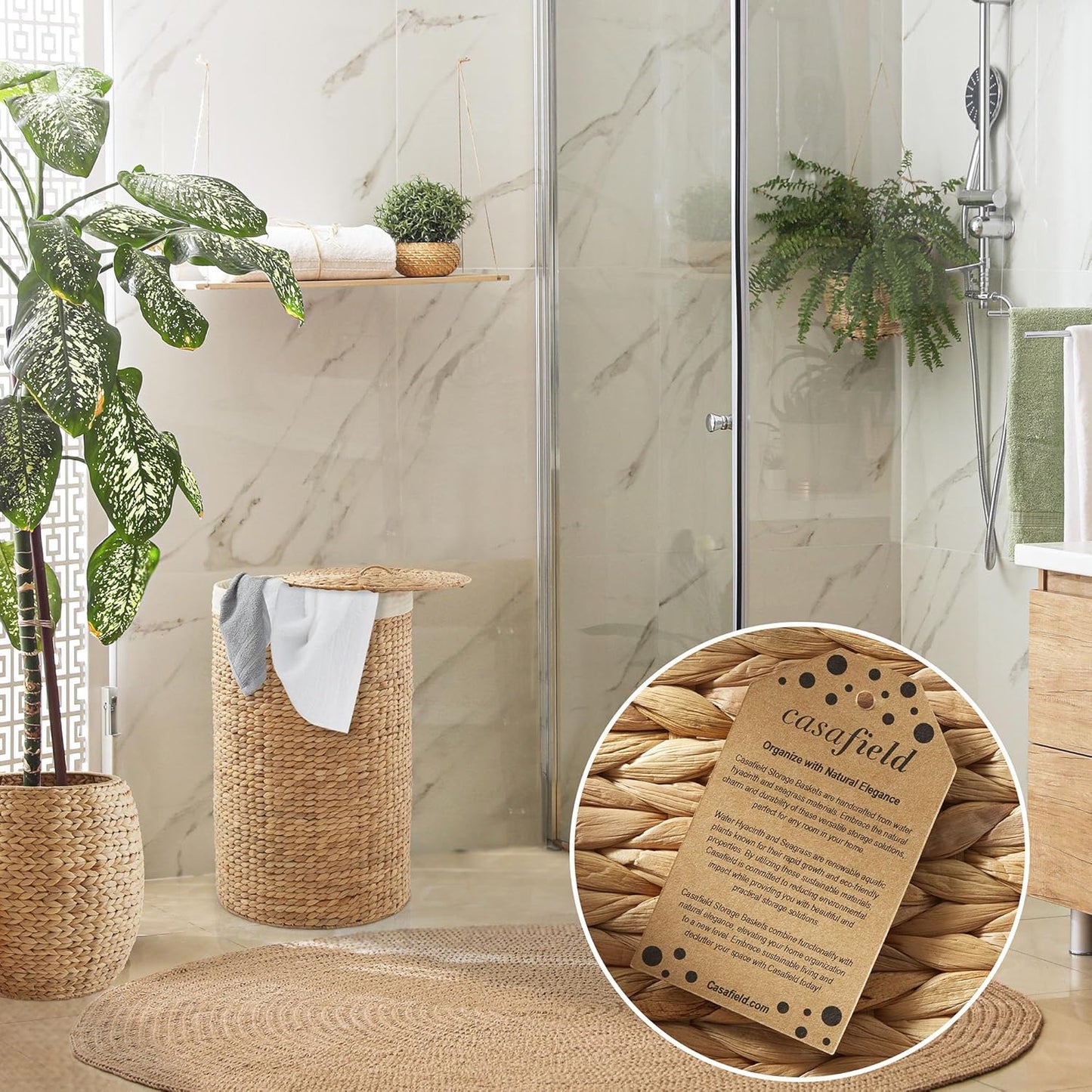 Casafield Round Laundry Hamper with Lid and Removable Liner Bag - Natural, Woven Water Hyacinth Wicker Laundry Basket for Clothes and Towels