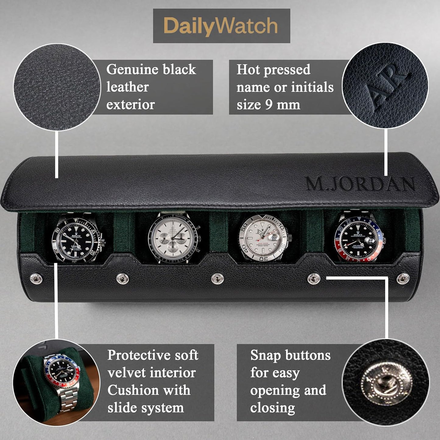 DailyWatch | Personalized Watch Roll Travel Case For 4 Watches - Handmade Genuine Leather Travel Case With Custom Engraving of Name or Initials - Black Green