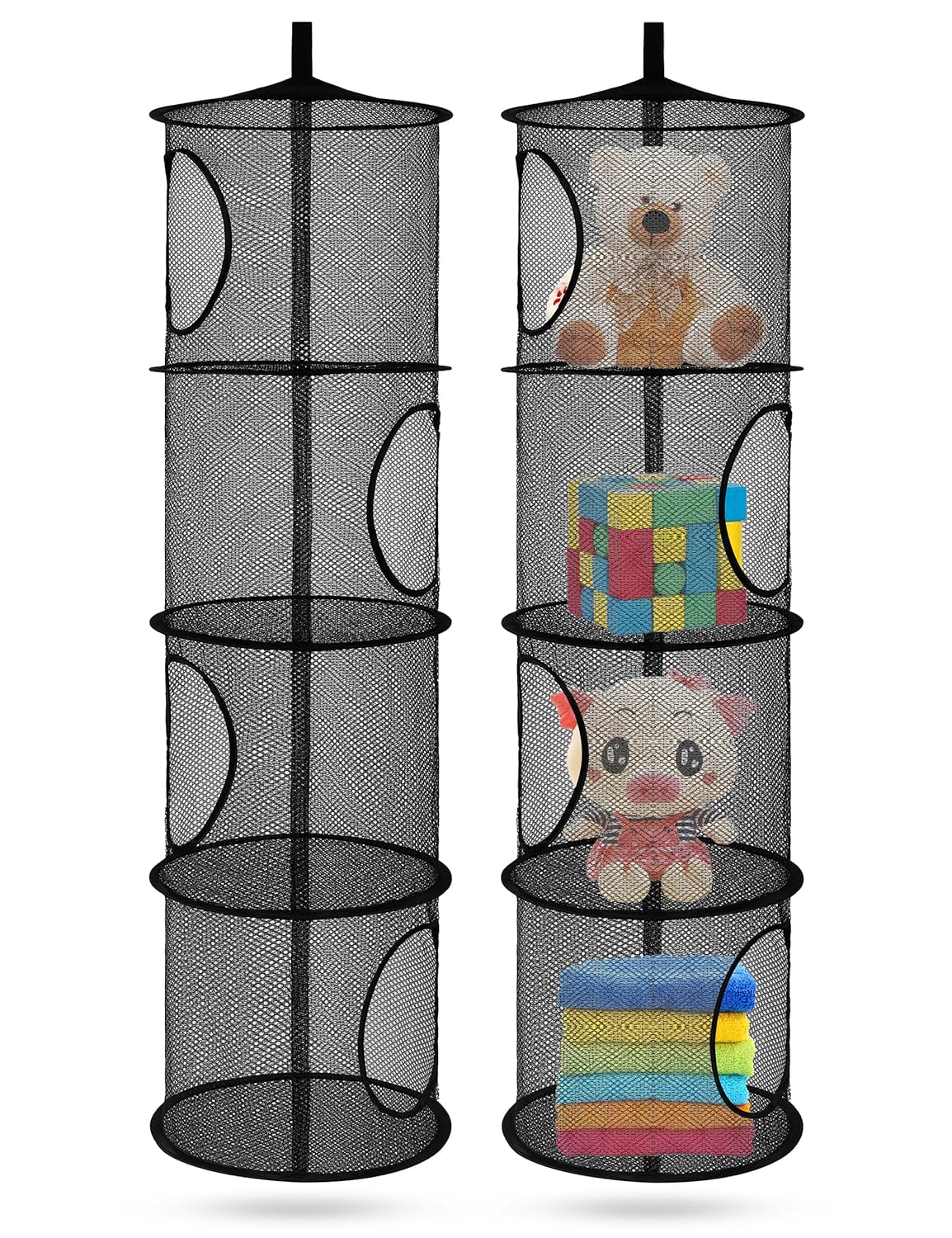 Libeder Mesh Hanging Storage Space Saver Bags Organizer,Foldable Storage Organizer 4 Compartments Toy Storage Basket for Kids Room Bathroom 2 Sets, Black