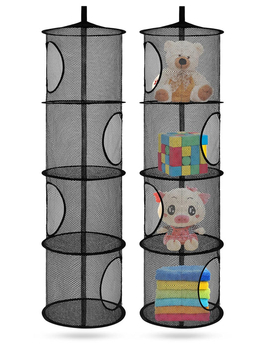 Libeder Mesh Hanging Storage Space Saver Bags Organizer,Foldable Storage Organizer 4 Compartments Toy Storage Basket for Kids Room Bathroom 2 Sets, Black