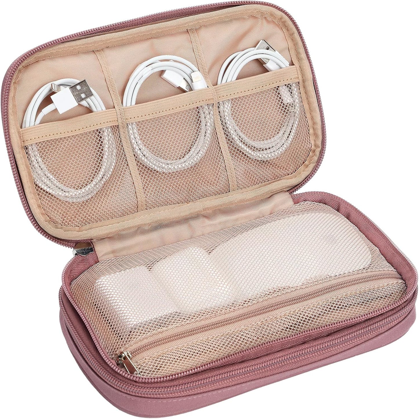 NISHEL Travel Cord Organizer Case, Double Layers Tech Electronic Case, Travel Essentials for Charger, Cable, Phone, Flash drive, Medium, Rose-wood Pink