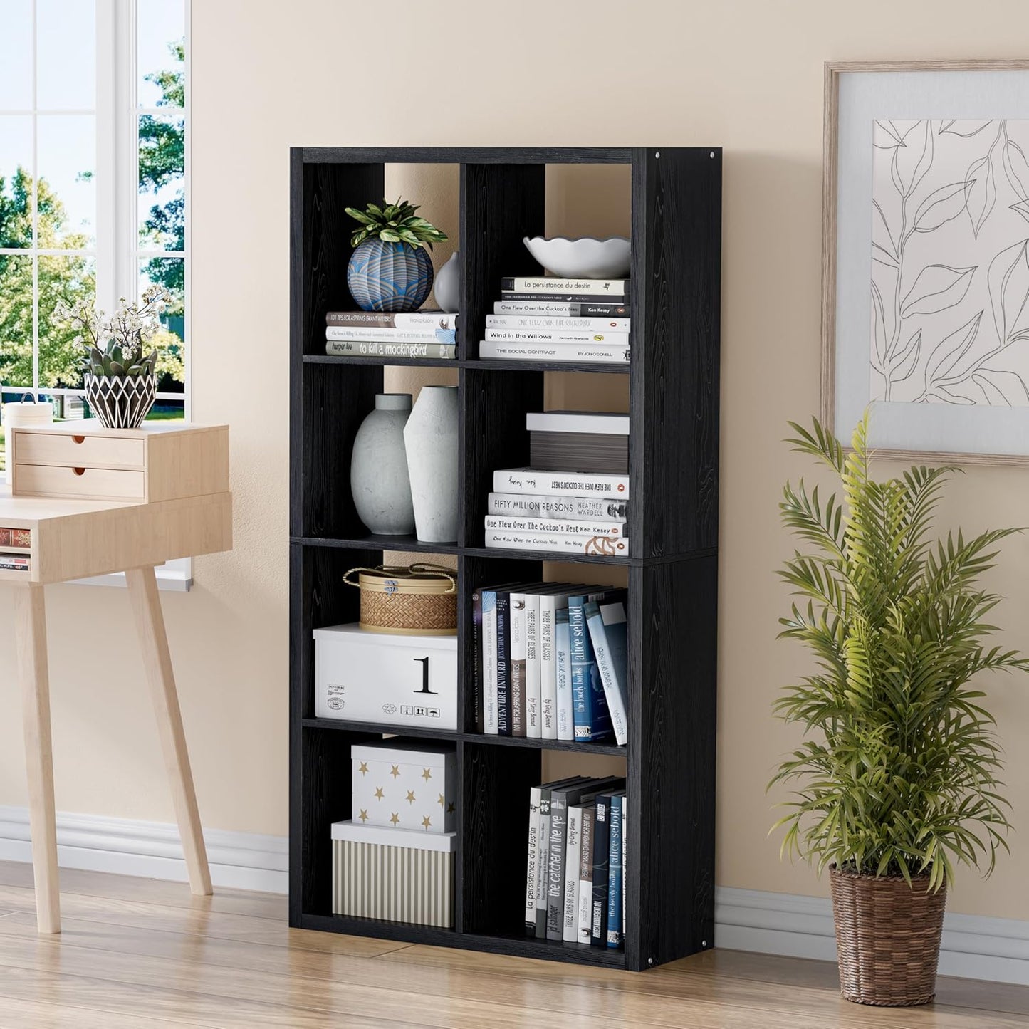 Cube Storage Organizer Bookcase, Decorative 11 inch Open Back Cubical Shelf with Thickened Border, Display Bookshelf for Living Room, Home Office, Sturdy Room (Black, 8 Cube)