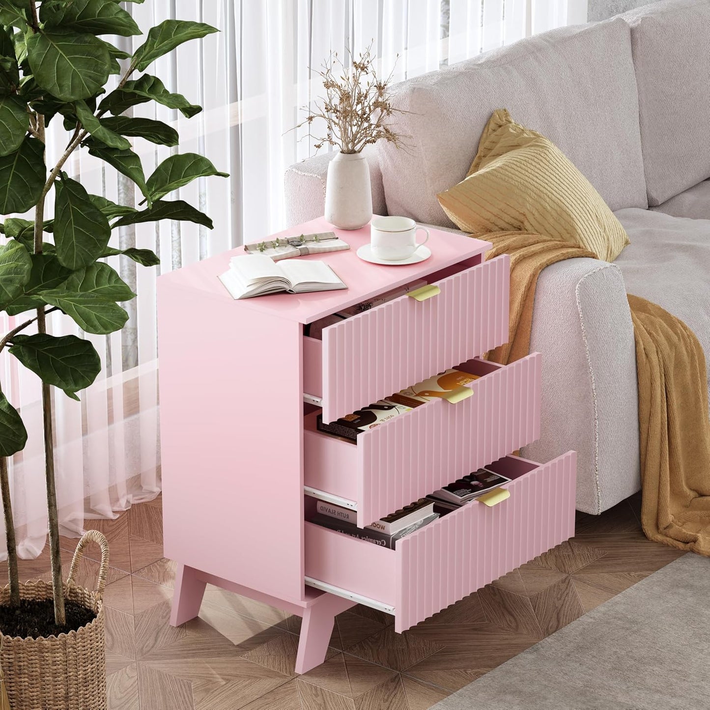 Night Stand Set 2, Bedside Table & End Table, Mid Century Modern Fluted Wood Nightstand with 3 Drawers & Metal Handles, Farmhouse Nightstand for Bedroom, Pink