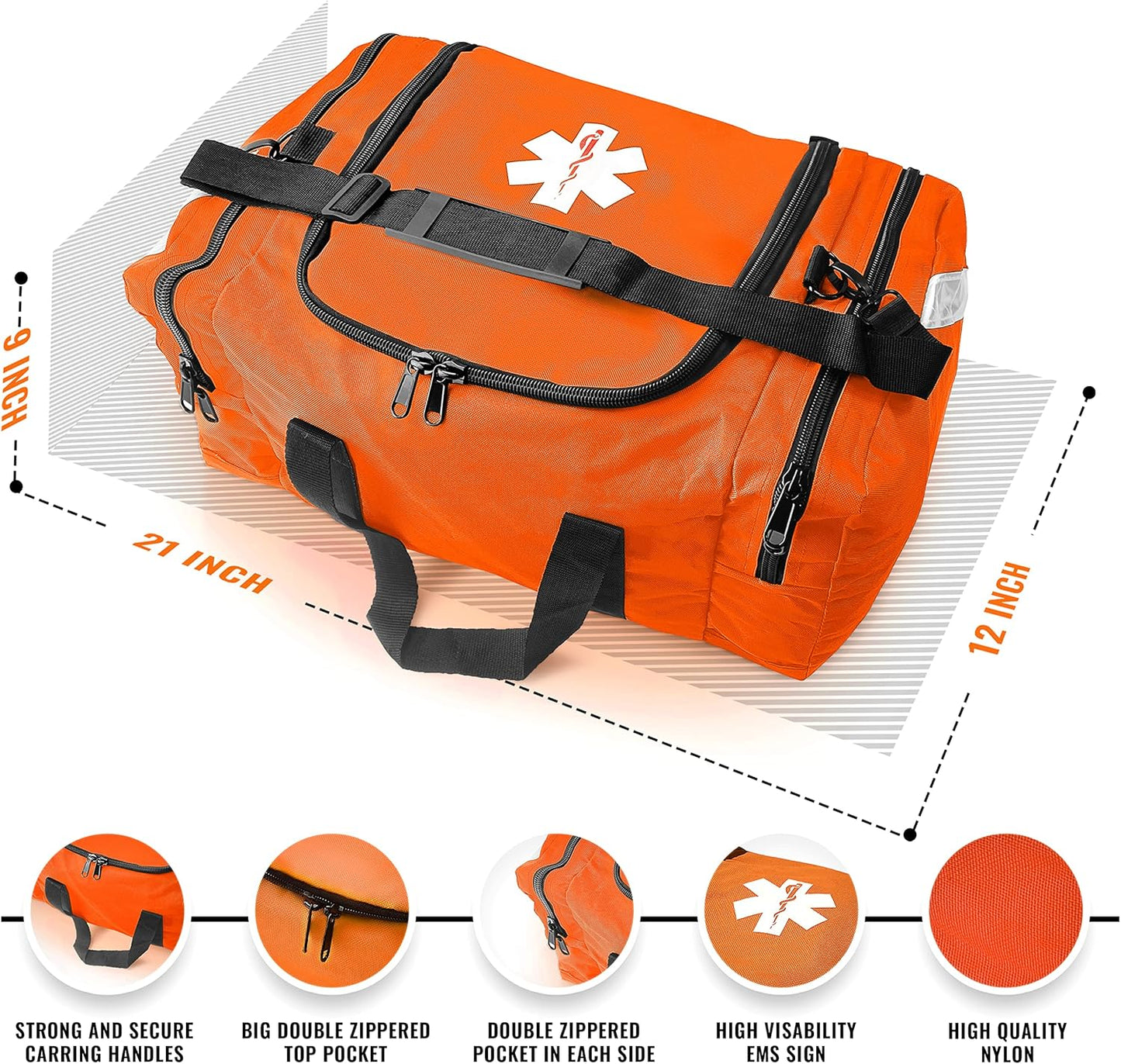 ASA TECHMED Large EMT First Responder Trauma Medical Bag Empty for Home 21x12x9 Inches, Office, School, EMTs, Paramedics, First Responders, Orange
