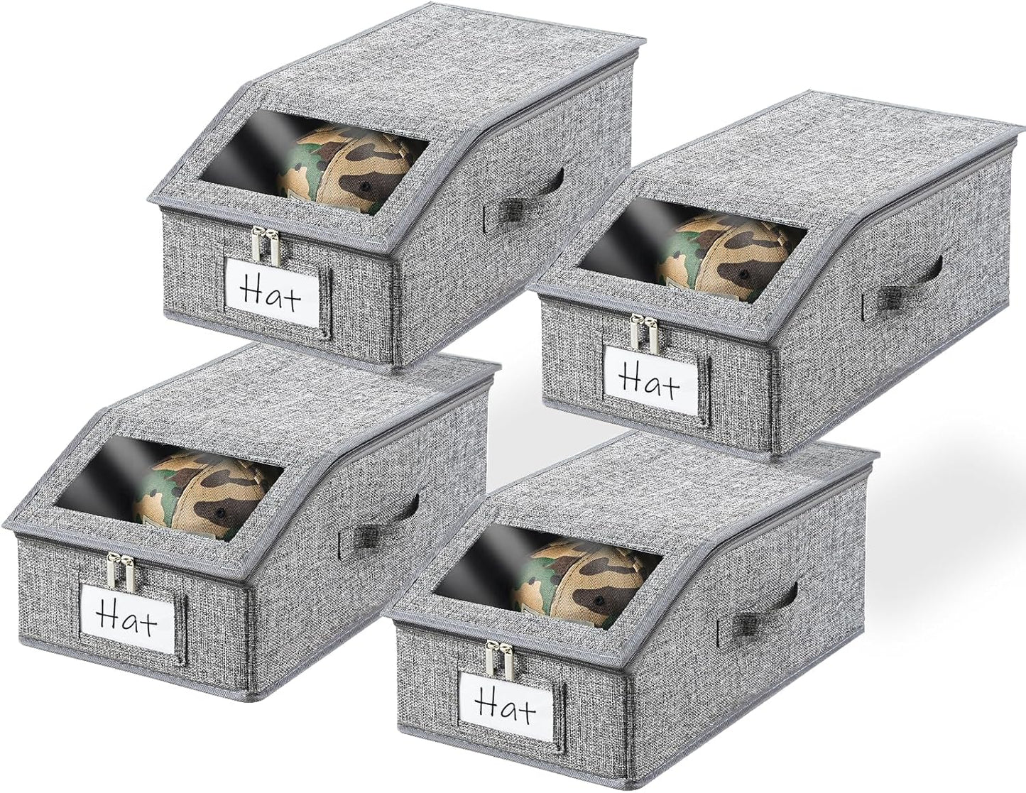 4 Pack Grey Hat Organizer for Baseball Cap, Hat Storage for Closet with Clear Window, Breathable Fabric Hat Box for Snacks, Toys, Socks, Stackable Hat Storage Organizer for Men/Women