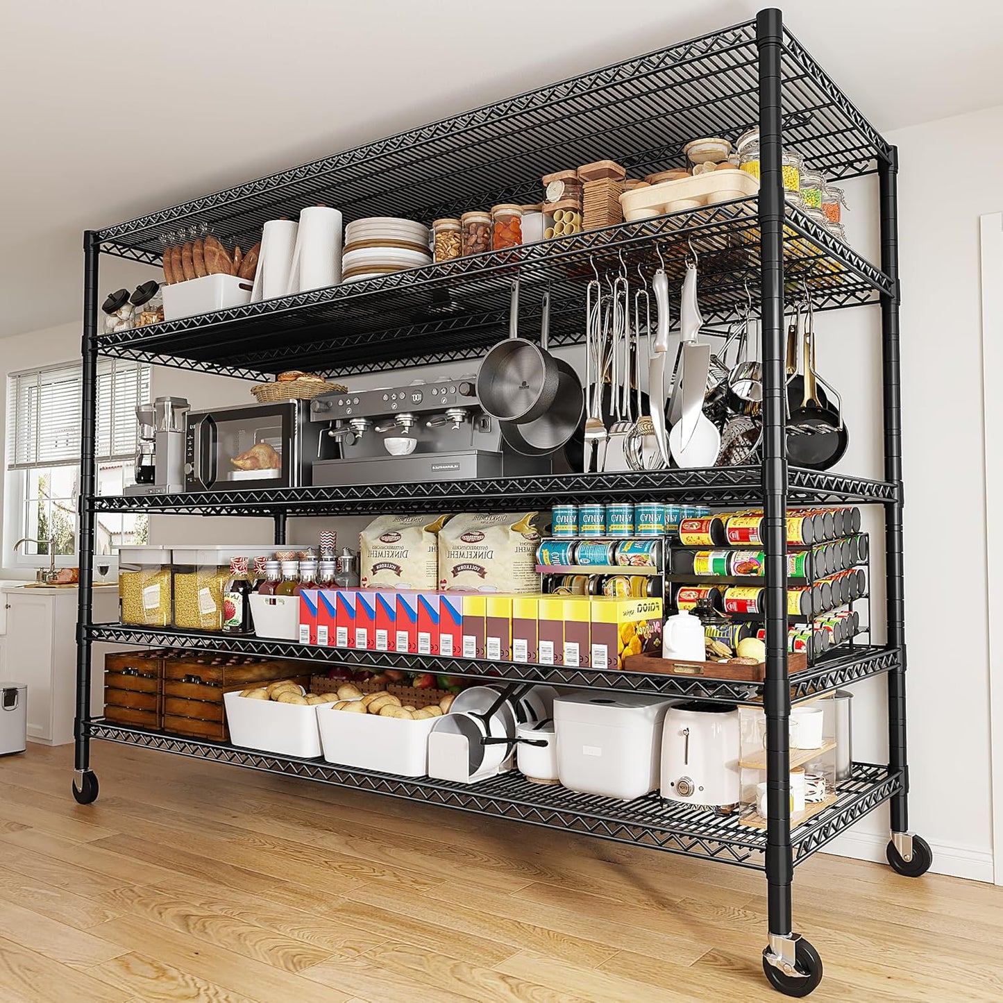 REIBII 85.7"H Garage Shelving 2998LBS Storage Shelves with Wheels&Feet,5 Tier Garage Shelves Heavy Duty Adjustable Wire Shelving for Basement Commercial Industrial Pantry, 85.7"H X 55.5"W X 24.2"D