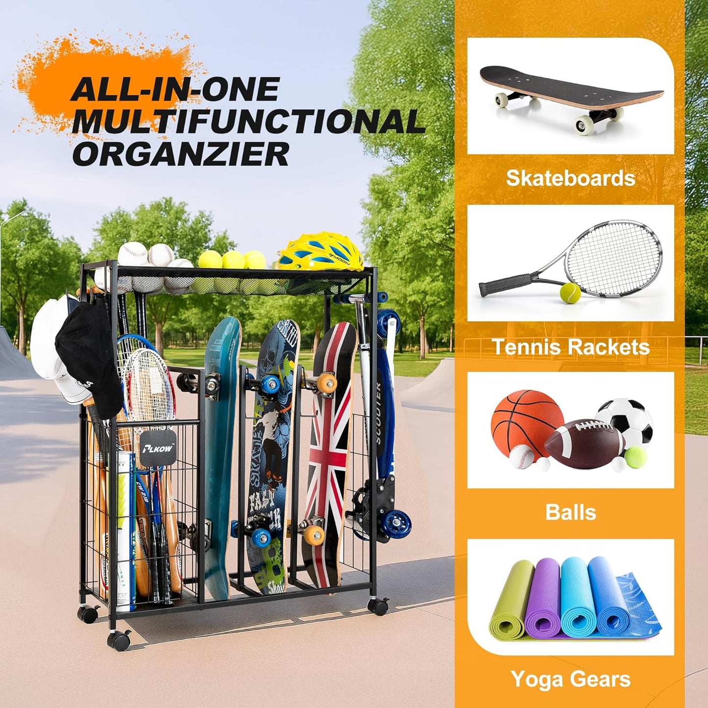 PLKOW Skateboard Storage Rack with Wheels, Sports Organizer for Skateboards, Scooters, Balls, Helmets and Sports Gear, Heavy Duty Sports Storage Rack for Garage, Home or School Use