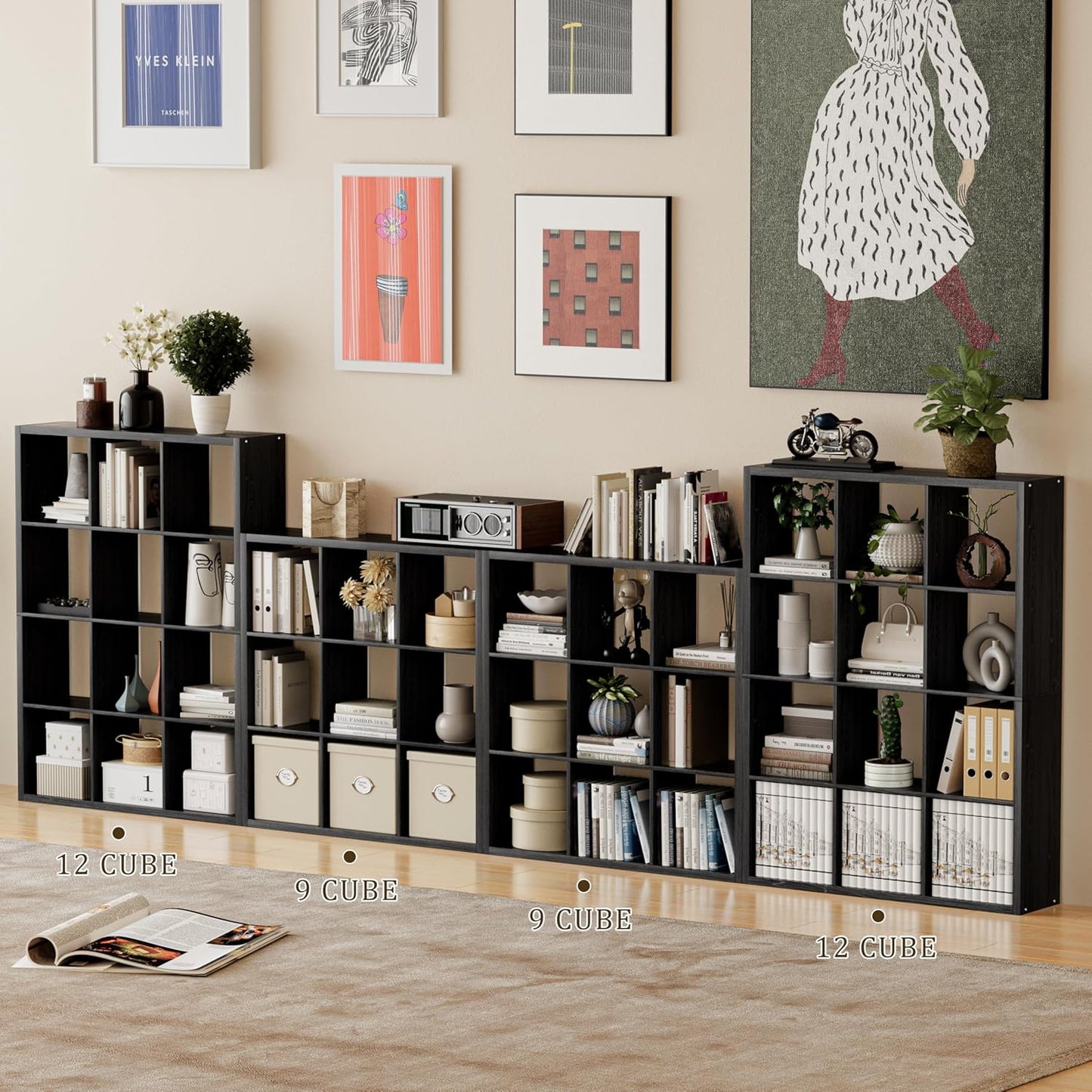 Cube Storage Organizer Bookcase, Decorative 11 inch Open Back Cubical Shelf with Thickened Border, Display Bookshelf for Living Room, Home Office, Sturdy Room (Black, 12 Cube)