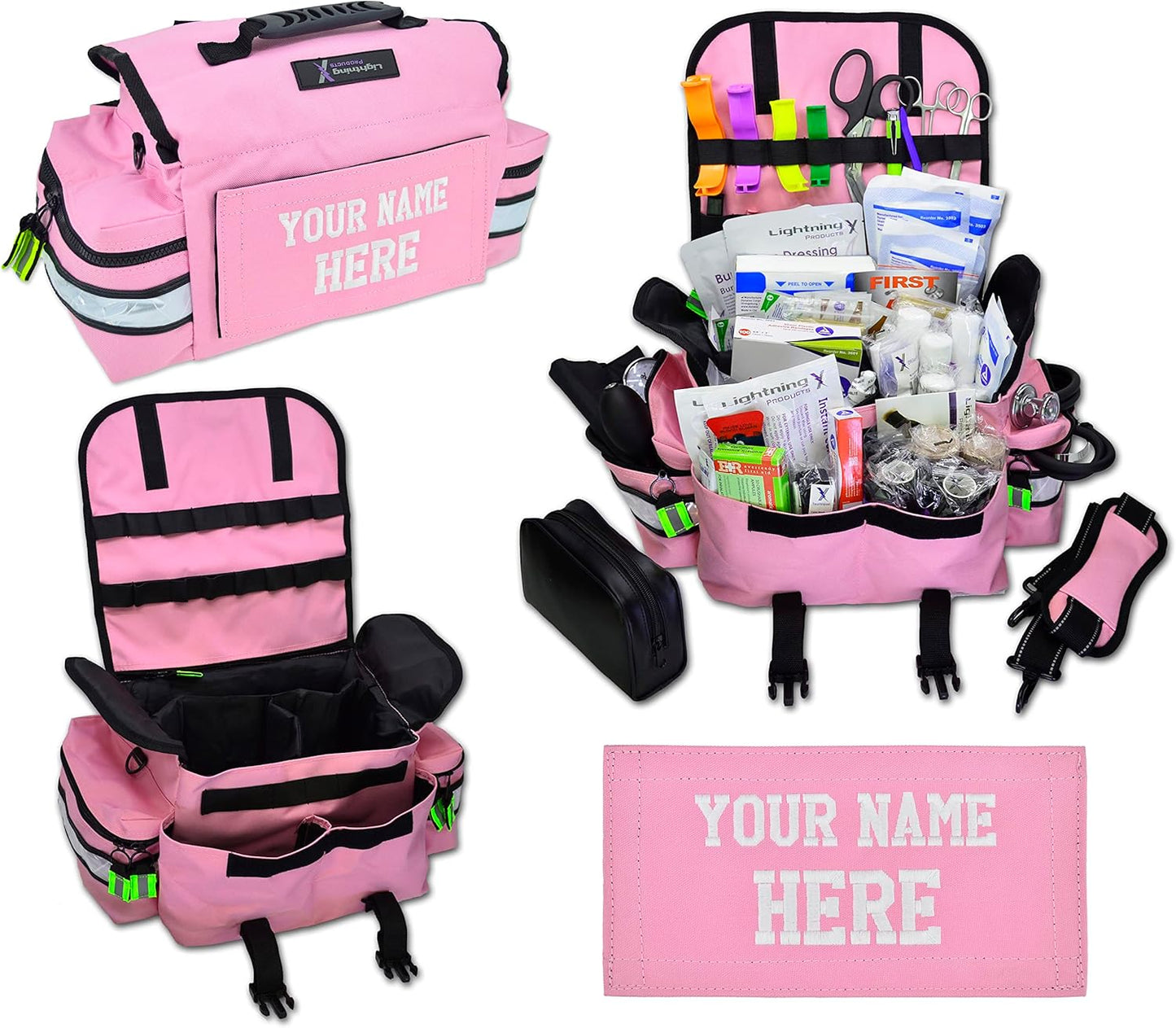 Lightning X Personalized First Responder EMT EMS Trauma Bag w/Stocked First Aid Fill Kit B & Custom Embroidered Name Patch (Pink)